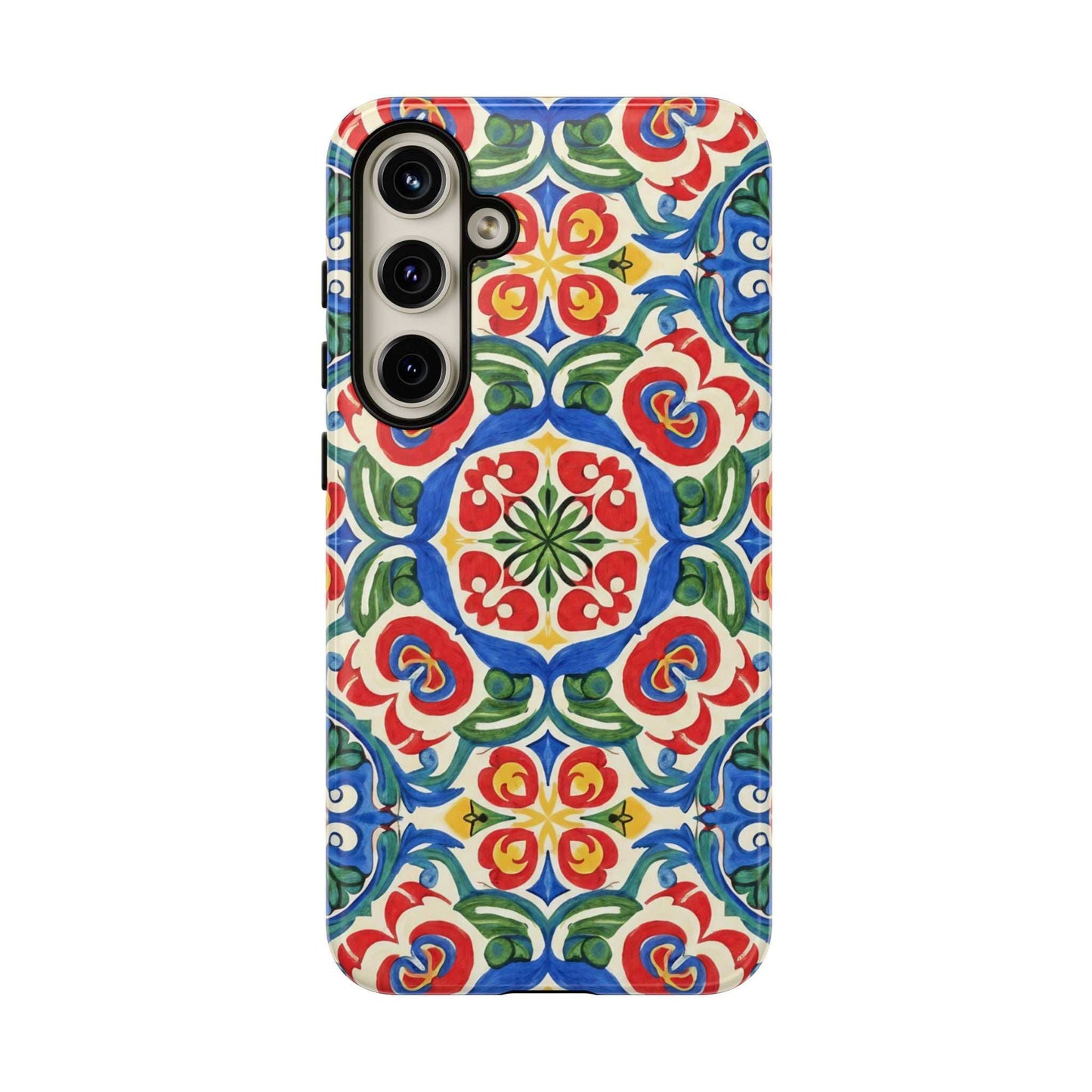Mediterranean Samsung Case with colorful hand-painted tile design and dual-layer protection