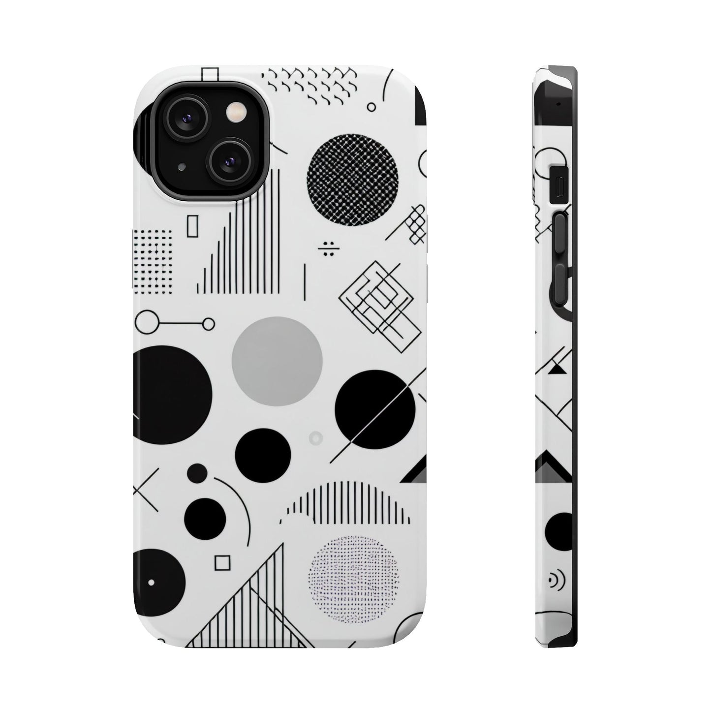 Black and white abstract art iPhone case with geometric patterns and modern minimalist design