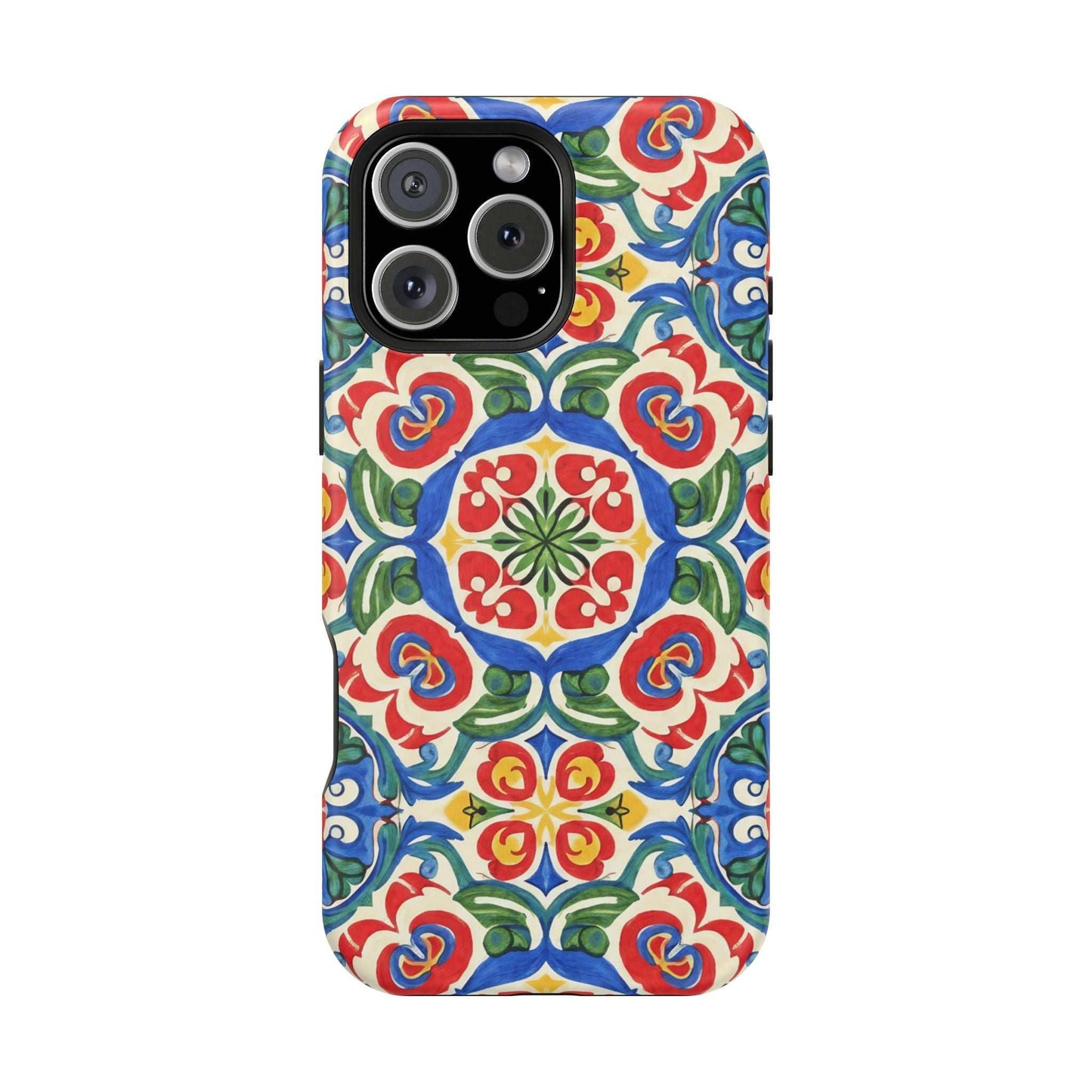Mediterranean iPhone case with hand-painted Spanish ceramic folk tile pattern in vibrant colors, impact-resistant and MagSafe compatible