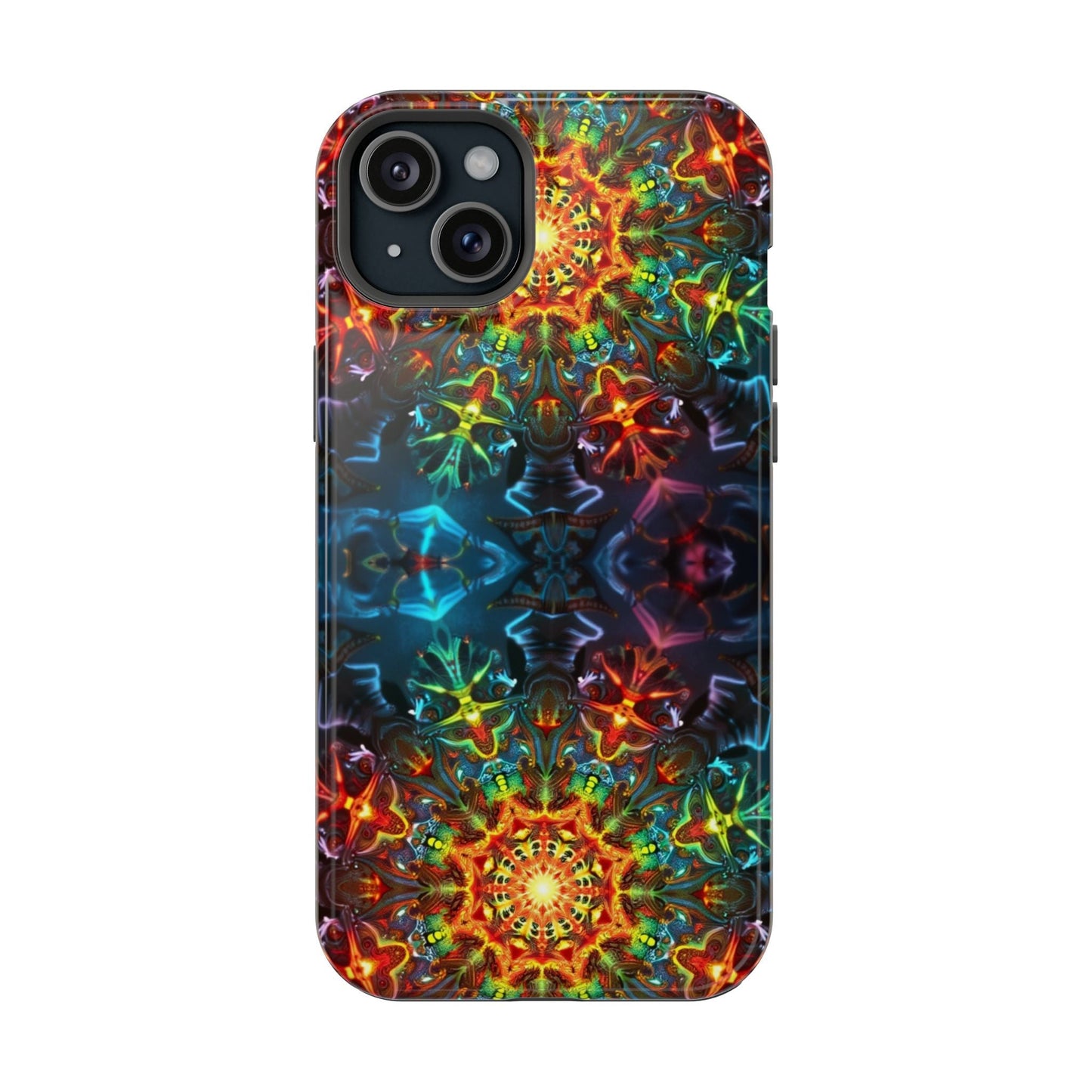 iPhone case with vibrant abstract kaleidoscope design, durable dual-layer protection, and MagSafe compatibility