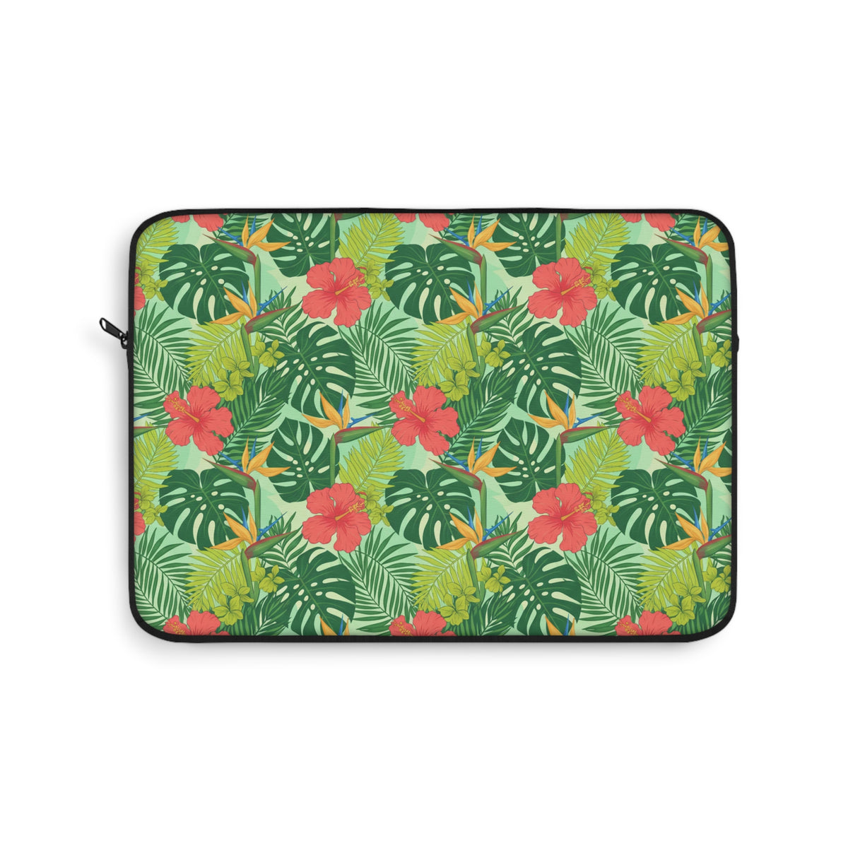 Laptop sleeve with a tropical floral pattern of hibiscus and bird of paradise flowers.