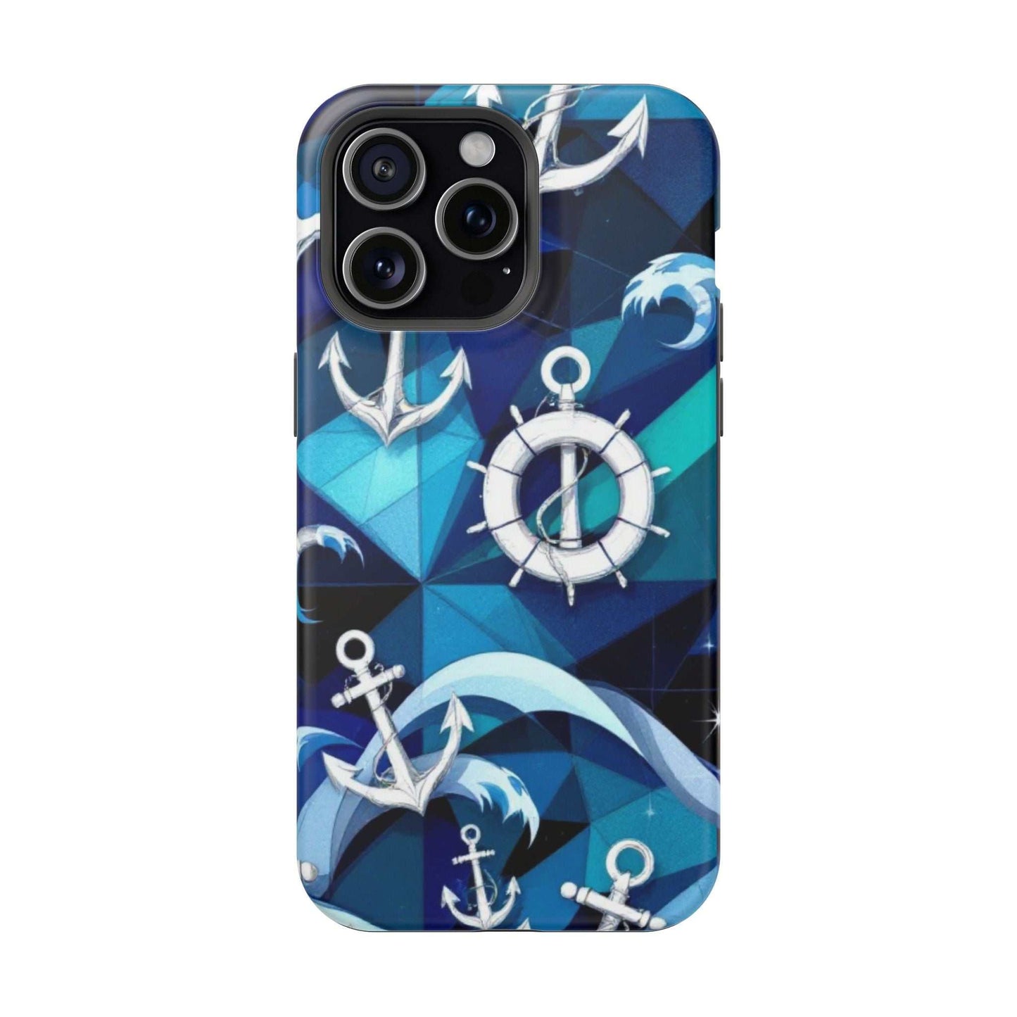 Nautical Anchors iPhone Case with maritime anchor design and MagSafe compatibility in blue tones