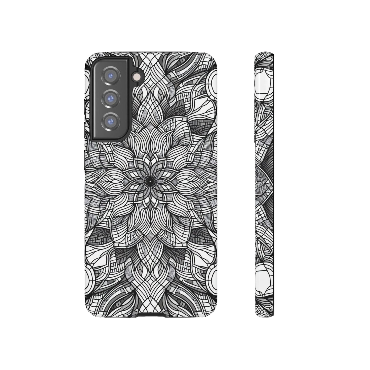 Black and White Art Explosion Samsung phone case with intricate floral design and full protection.