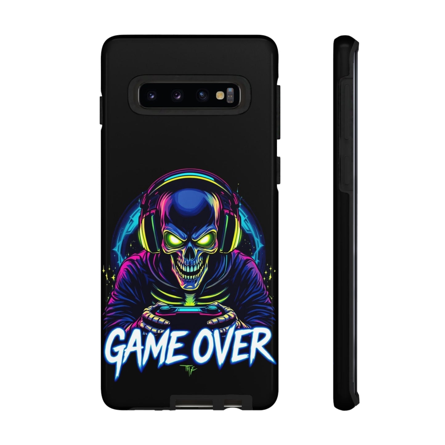Samsung phone case with neon skull gamer wearing headphones and holding controller with "Game Over" text design, durable impact-resistant cover for Galaxy models.