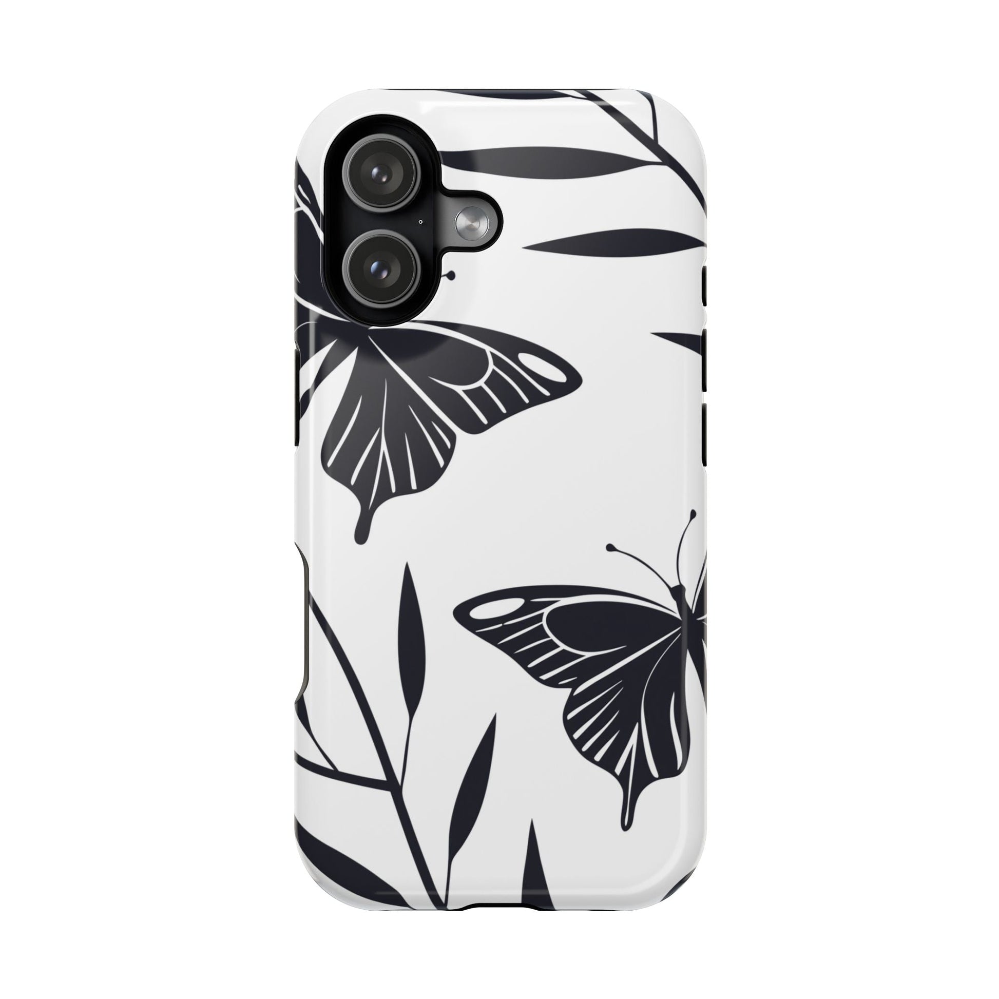 Black and white minimalist butterfly design iPhone case with sleek protective cover and MagSafe compatibility