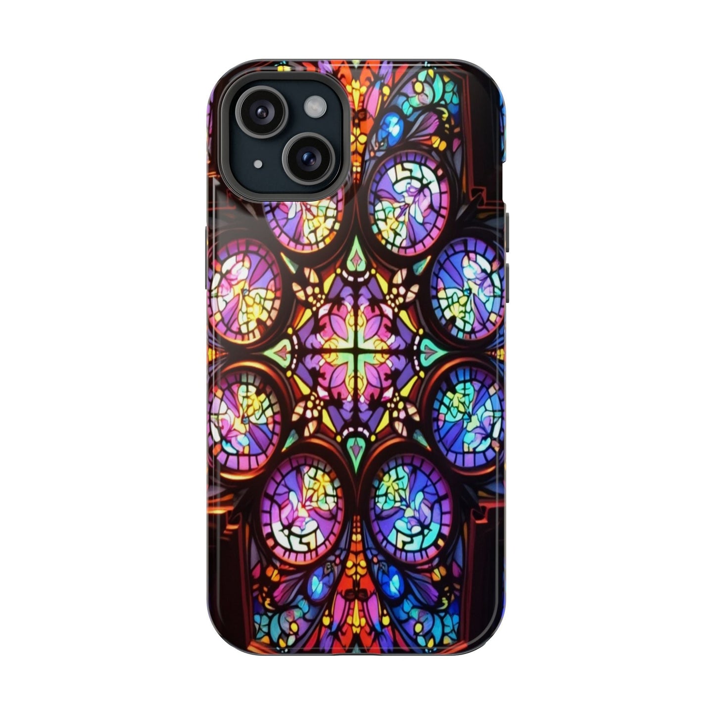 Colorful hypnotic stained glass design iPhone tough case with durable dual-layer protection and MagSafe compatibility