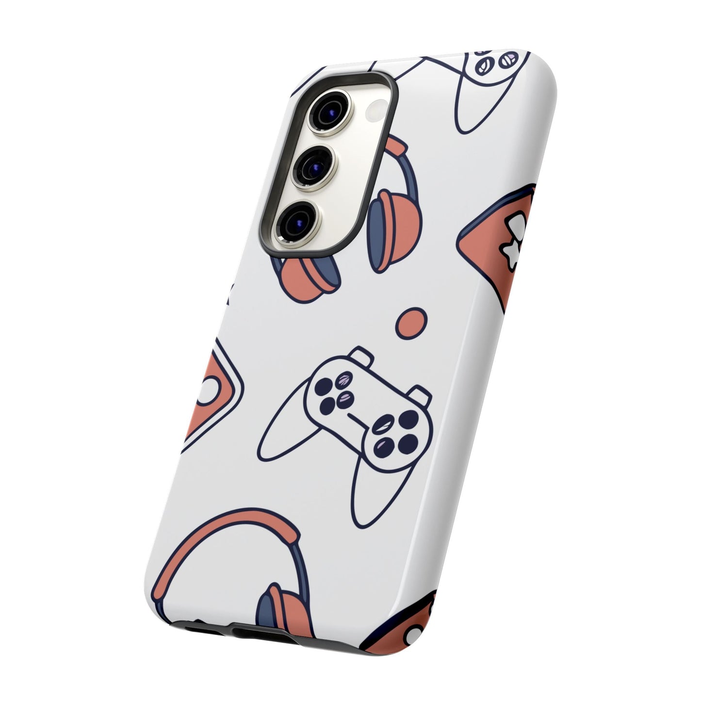 Durable Samsung phone case with playful gamer design including controllers and headphones, offering impact protection.