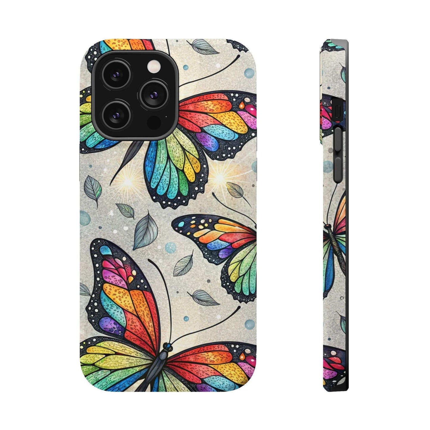 iPhone case with vibrant rainbow butterfly design and dual-layer protection, matte finish