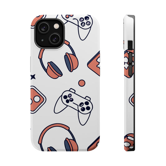 Gamer iPhone tough case with colorful gaming controller and headset design, durable dual-layer protection, MagSafe compatible.
