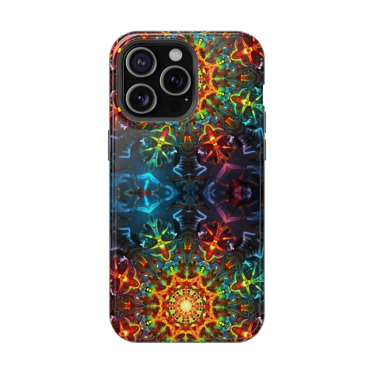 iPhone case with vibrant Abstract Kaleidoscope Design in colorful, protective dual-layer shell and MagSafe compatibility