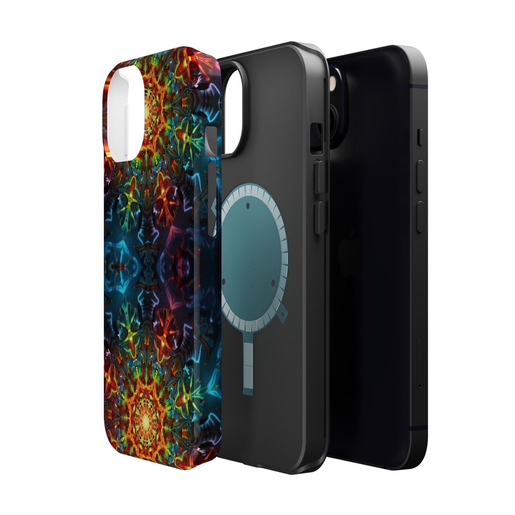 Colorful abstract kaleidoscope design iPhone case with durable dual-layer protection and MagSafe compatibility