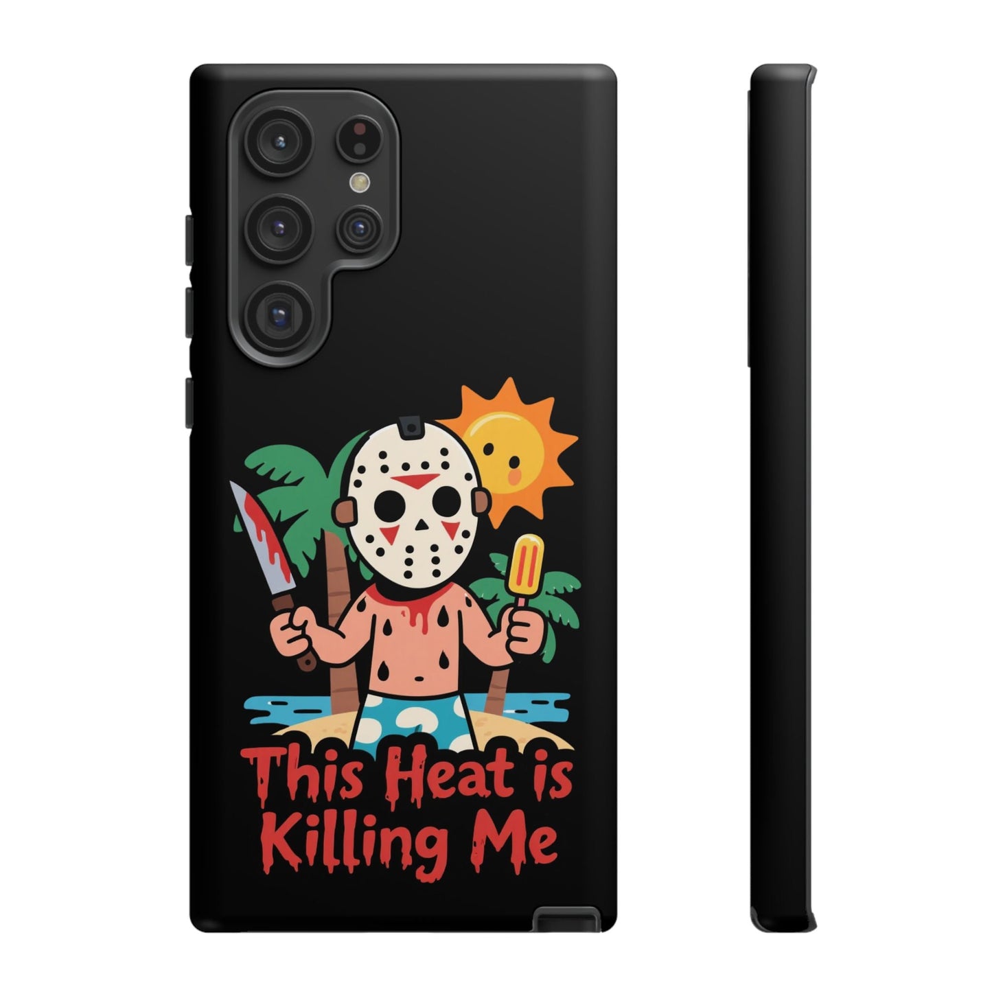 Samsung phone case with Heat is Killing Me Summerween design featuring cartoon character in mask holding knife and popsicle under sun and palm trees
