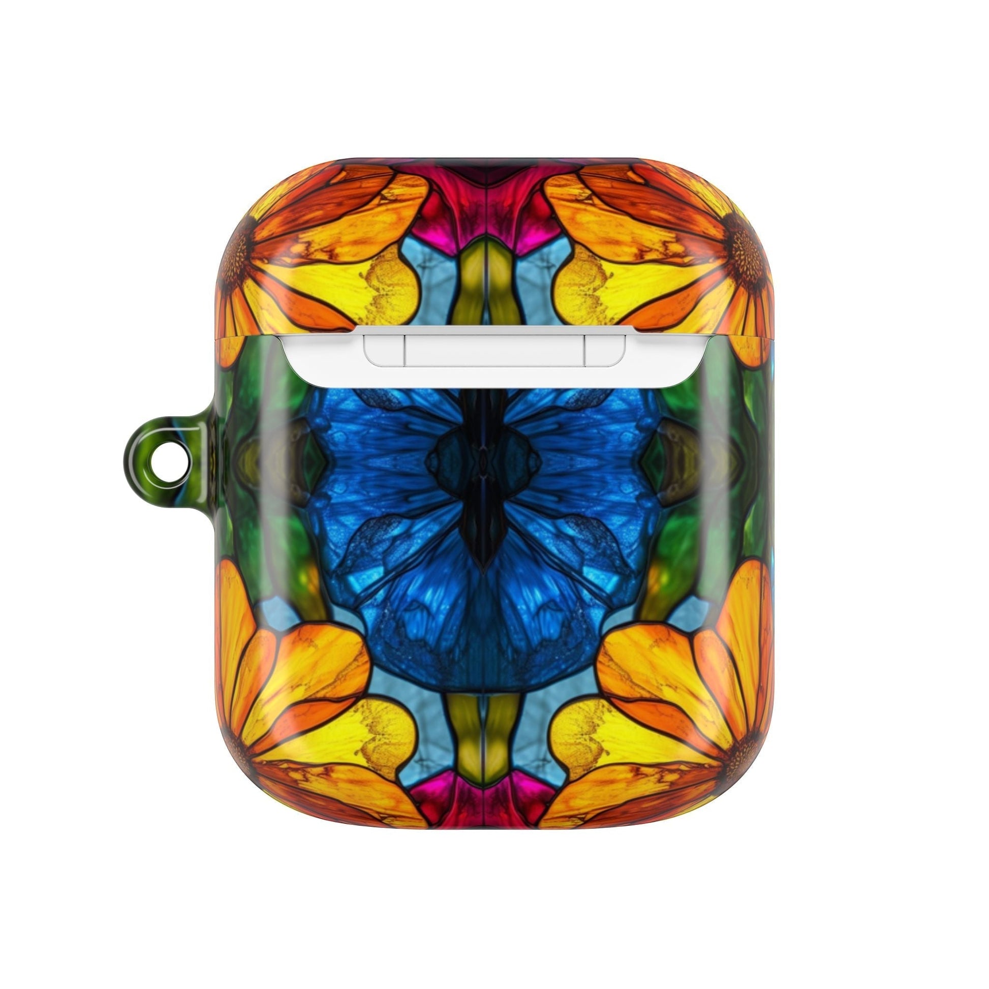 Colorful floral AirPods case with impact and scratch resistance, lightweight and durable, includes carabiner for easy carrying.