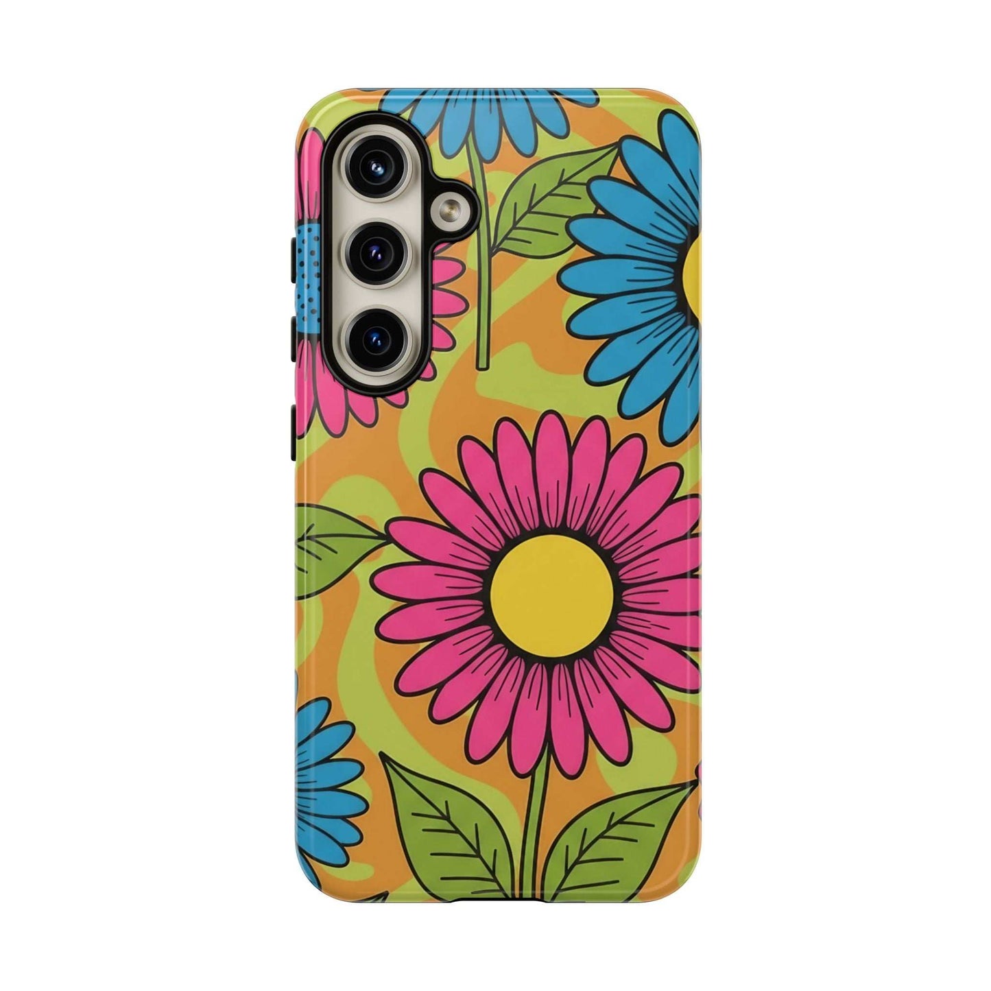 Samsung Tough Case with colorful floral Love Child design, durable impact-resistant phone cover with shock absorption and wireless charging support