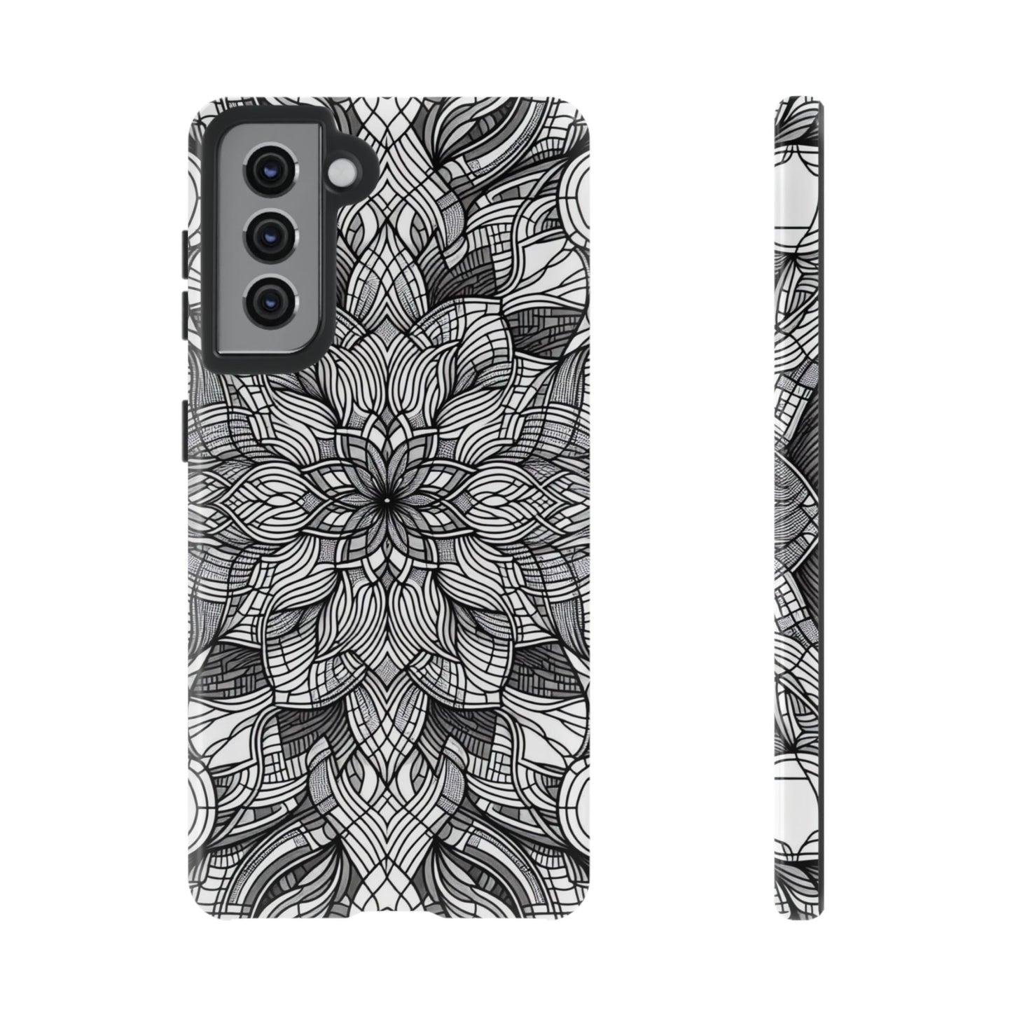Black and white art explosion Samsung tough case with intricate floral design for full phone protection
