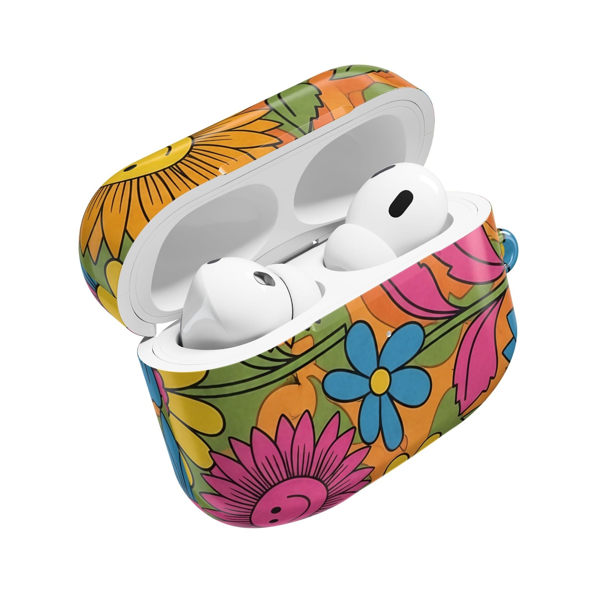 Flower Power AirPod Case with colorful floral design and protective polycarbonate shell