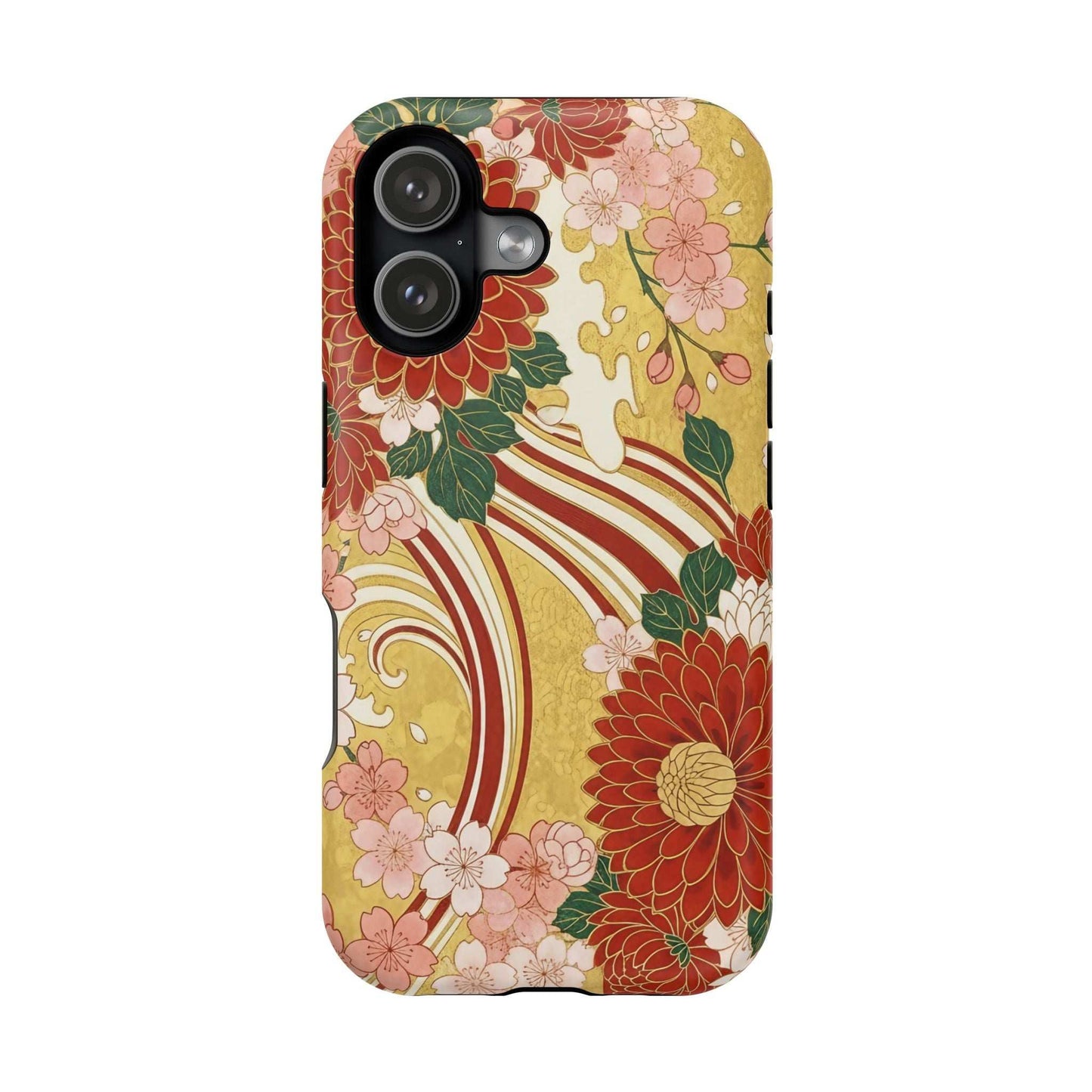 iPhone case with Japanese chrysanthemum and cherry blossom floral design, impact-resistant, MagSafe compatible, glossy or matte finish