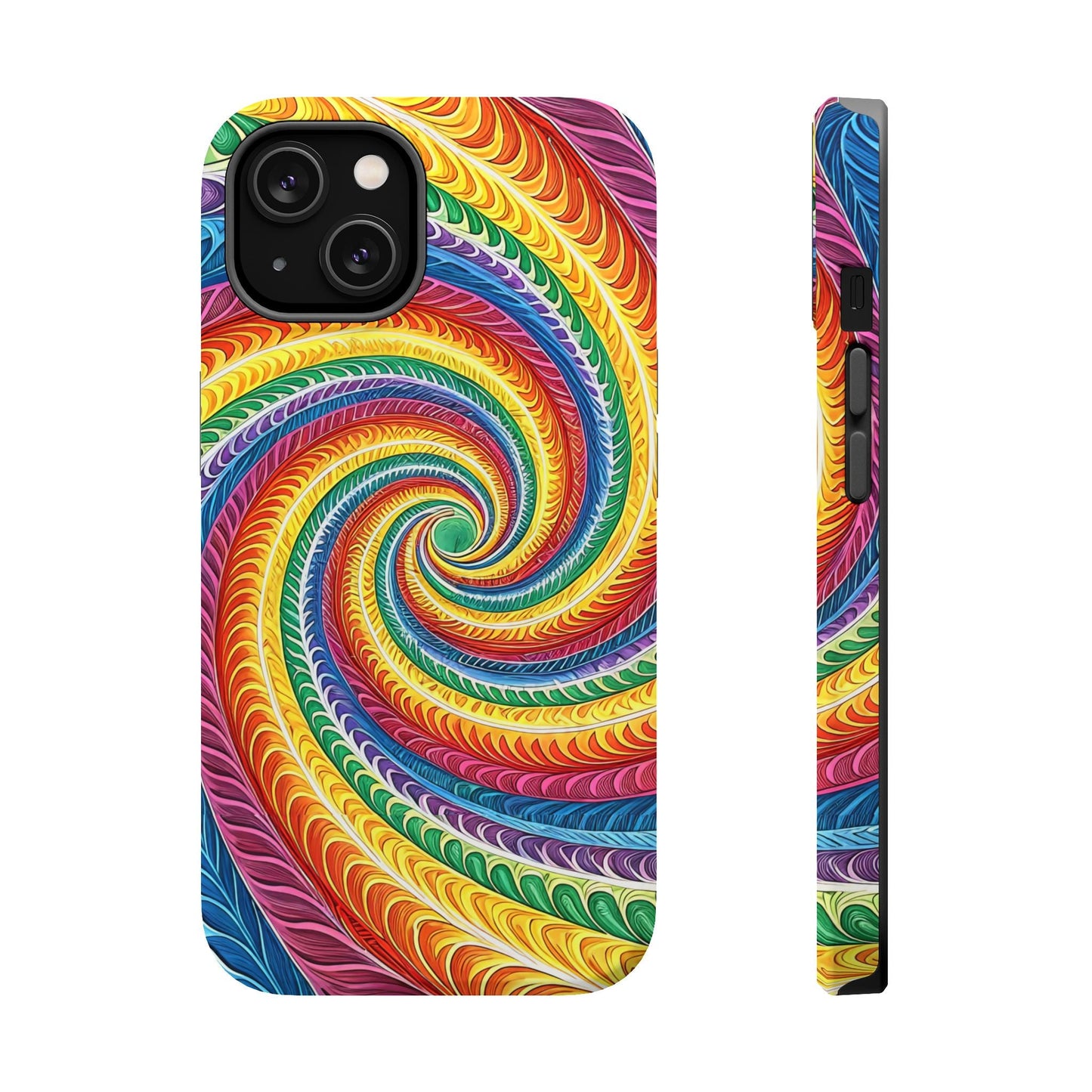 Rainbow Swirl iPhone Tough Case with vibrant colorful spiral design and MagSafe compatibility for iPhone protection