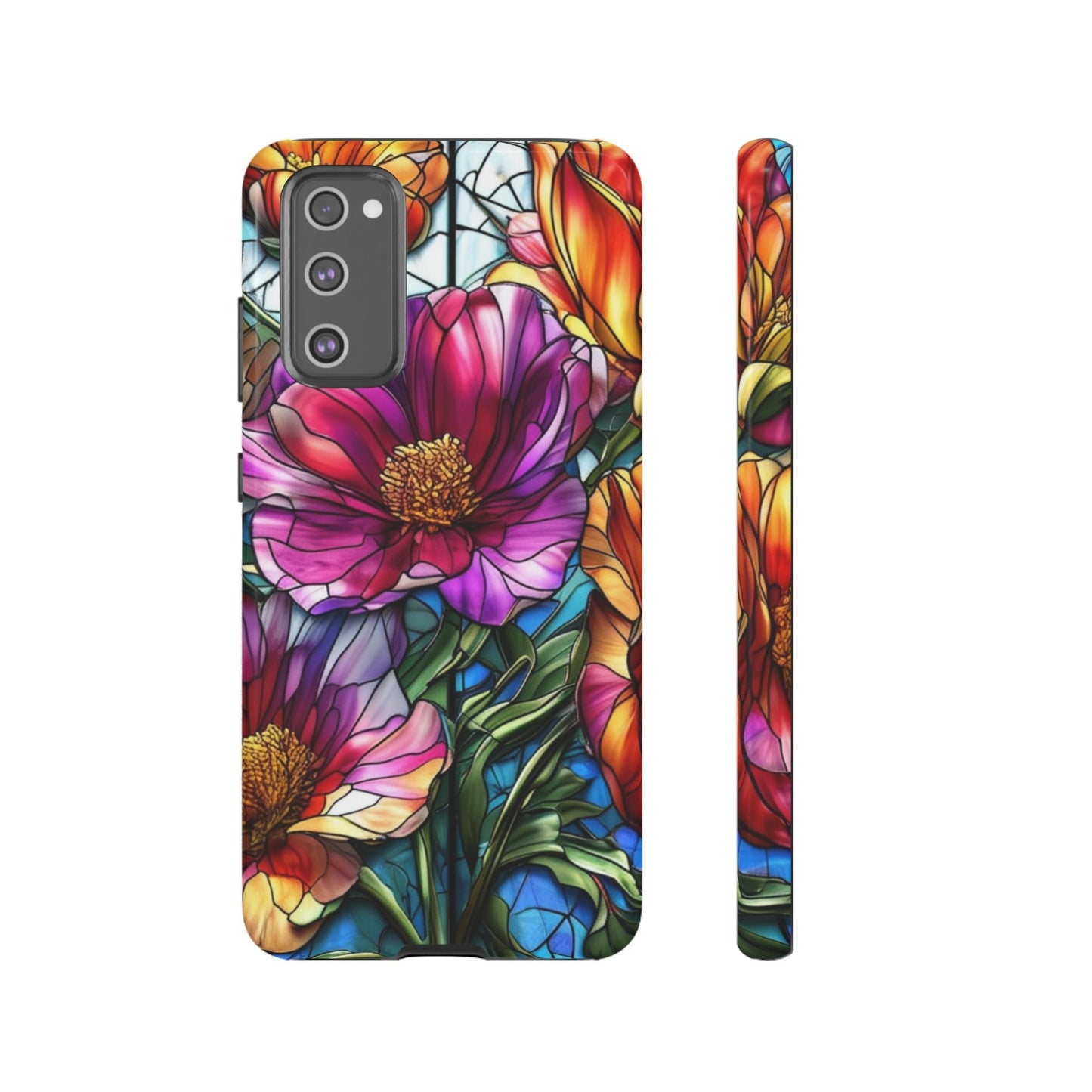 Samsung phone case with vibrant purple flower design, durable impact-resistant cover with full wrap and UV protection.