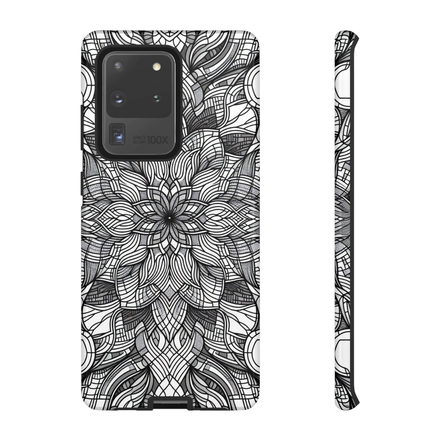 Black and white intricate floral art explosion design Samsung tough phone case showing front and side views