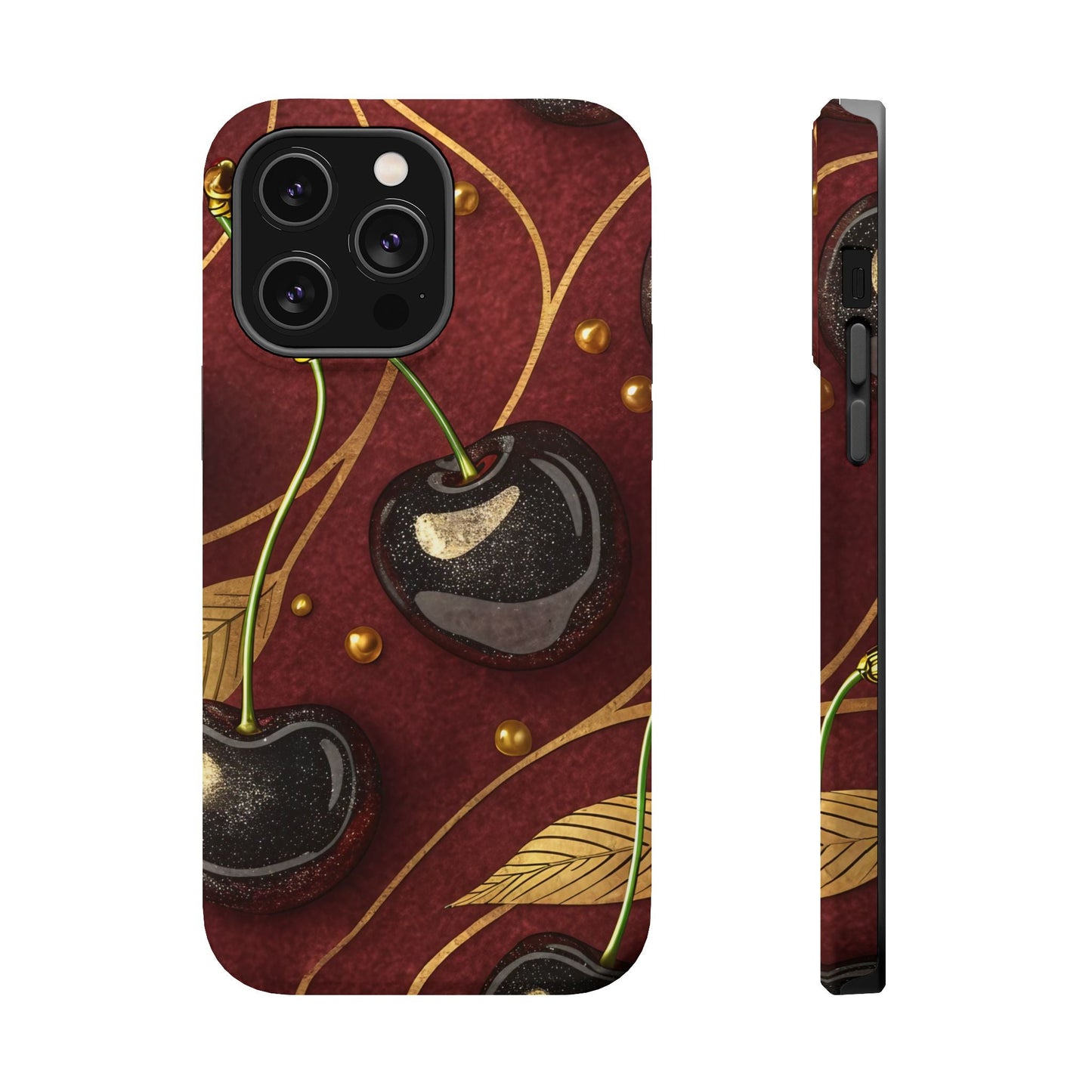 Golden Cherry iPhone Tough Case with vibrant cherry-gold design, durable dual-layer protection, and MagSafe compatibility for iPhone 13 to 17 Pro Max.