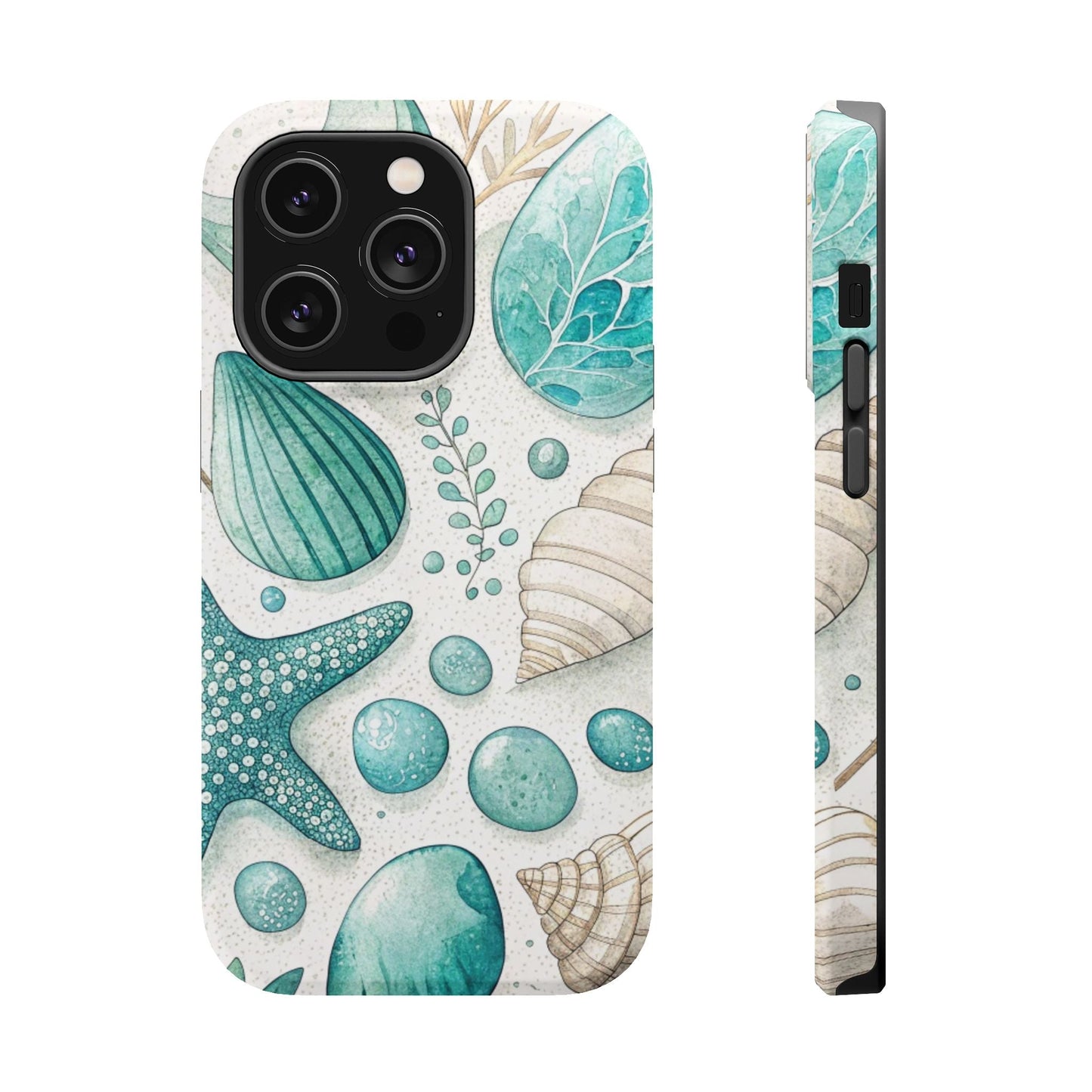 Celebration Sea iPhone Tough Case with ocean shell and starfish design, durable dual-layer protection, MagSafe compatible