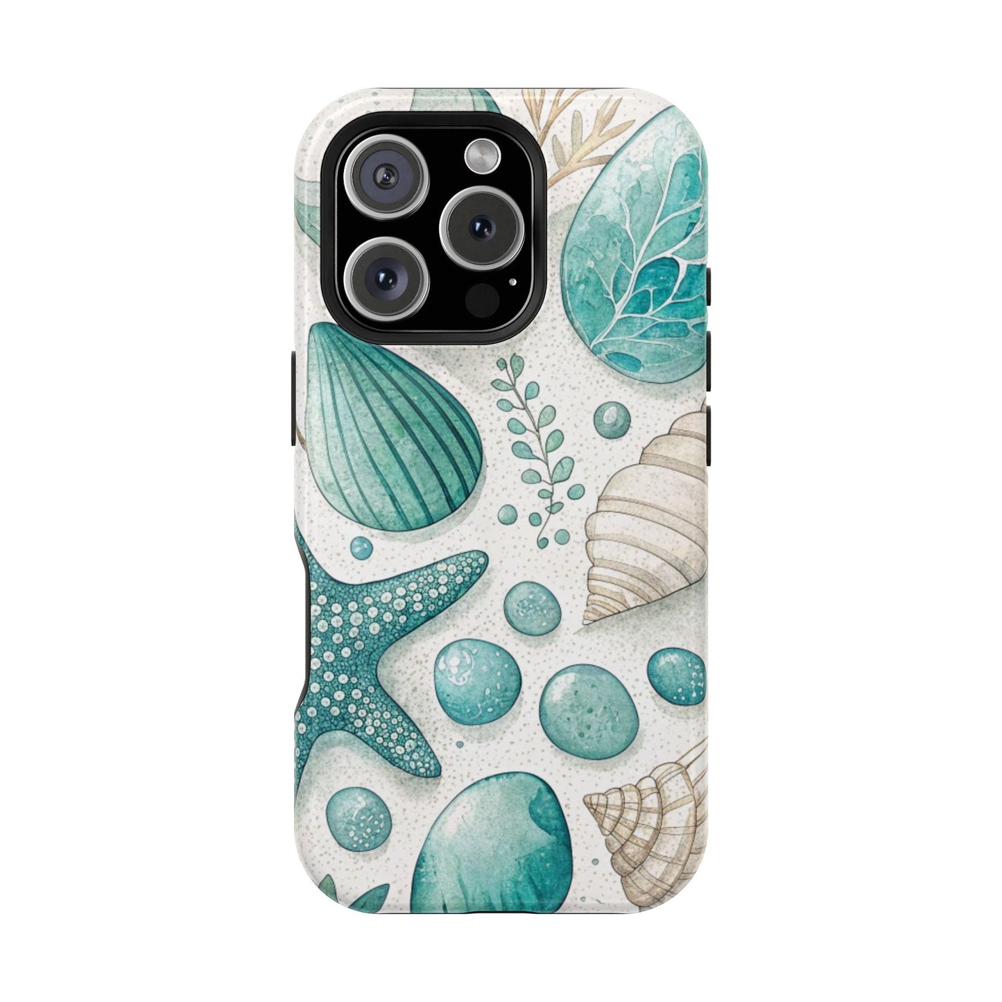 Celebration Sea iPhone Tough Case with vibrant sea shells and starfish design, durable protective dual layer with MagSafe compatibility.
