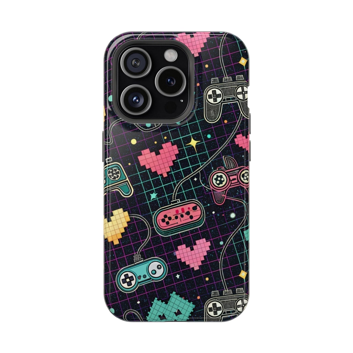 Retro Gamer Inspired iPhone case with colorful pixel hearts and classic game controllers on a black grid background, durable dual-layer design with MagSafe compatibility