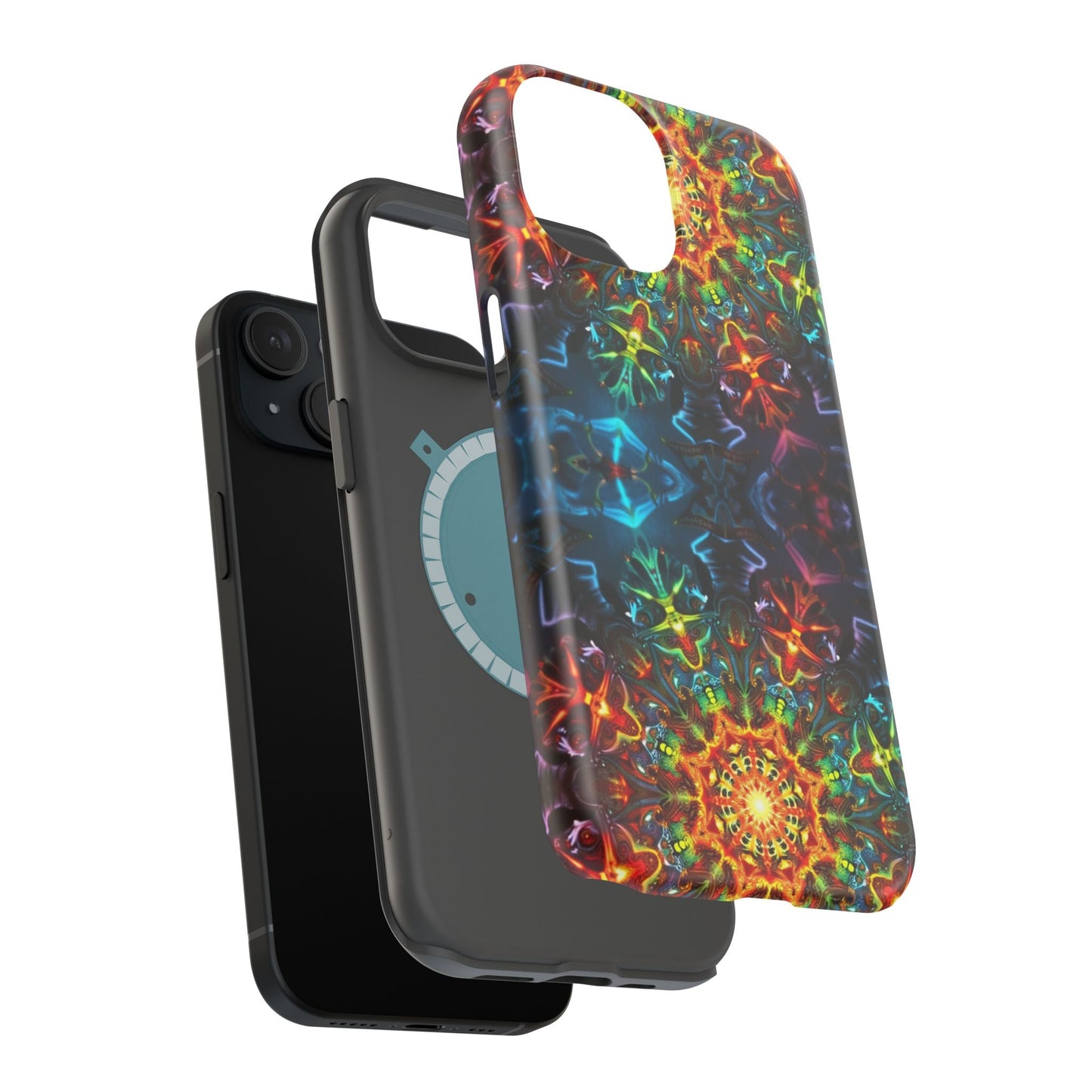 iPhone case with vibrant, colorful Abstract Kaleidoscope Design, dual-layer protection, and MagSafe compatibility