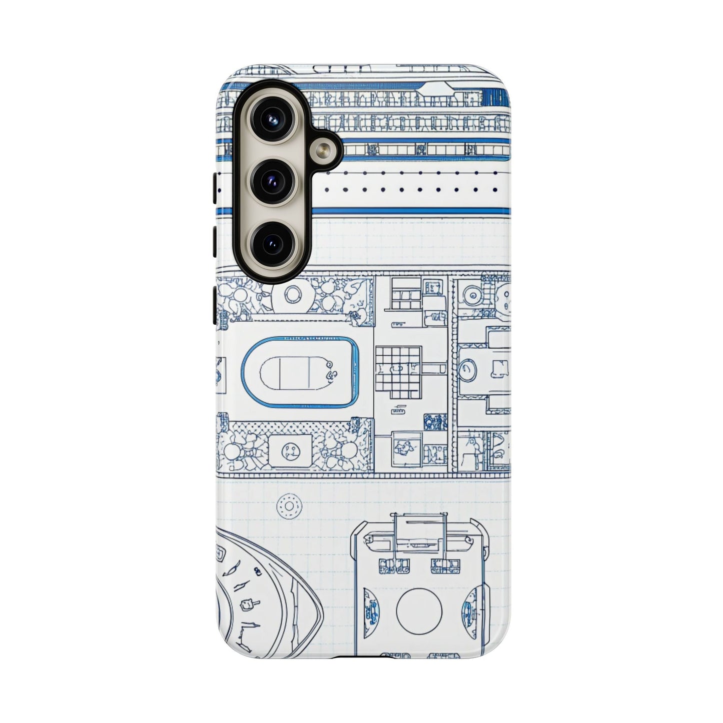 Samsung phone case with blue cruise ship blueprint design, durable and protective, compatible with multiple Samsung Galaxy models.