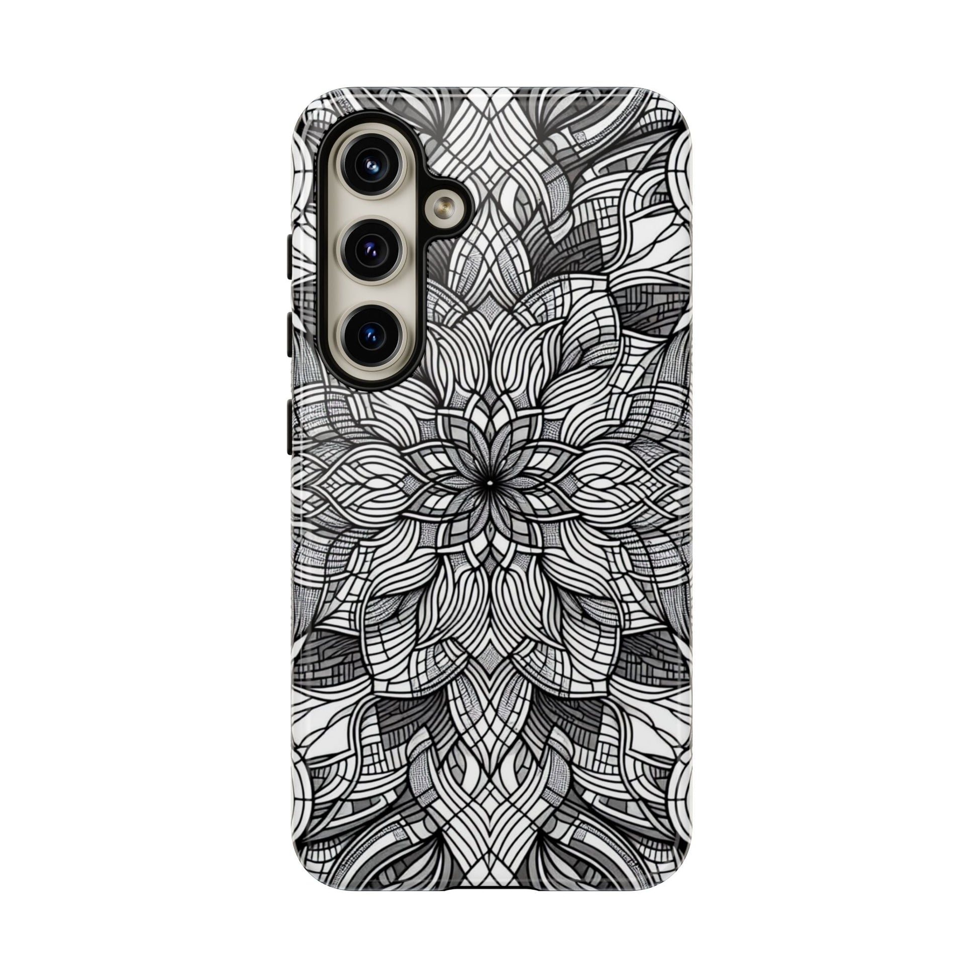 Samsung phone case with black and white intricate art explosion design, full protection and stylish flair