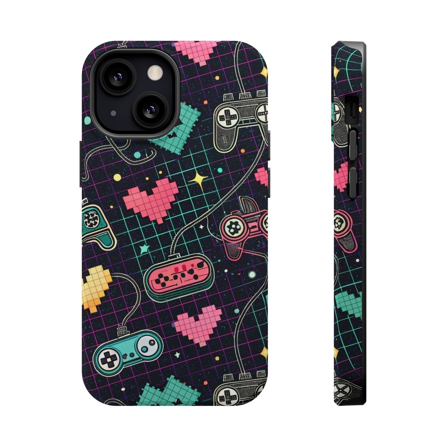 Retro Gamer Inspired durable dual-layer iPhone case with colorful pixelated hearts and game controller design, compatible with MagSafe and latest iPhone models.