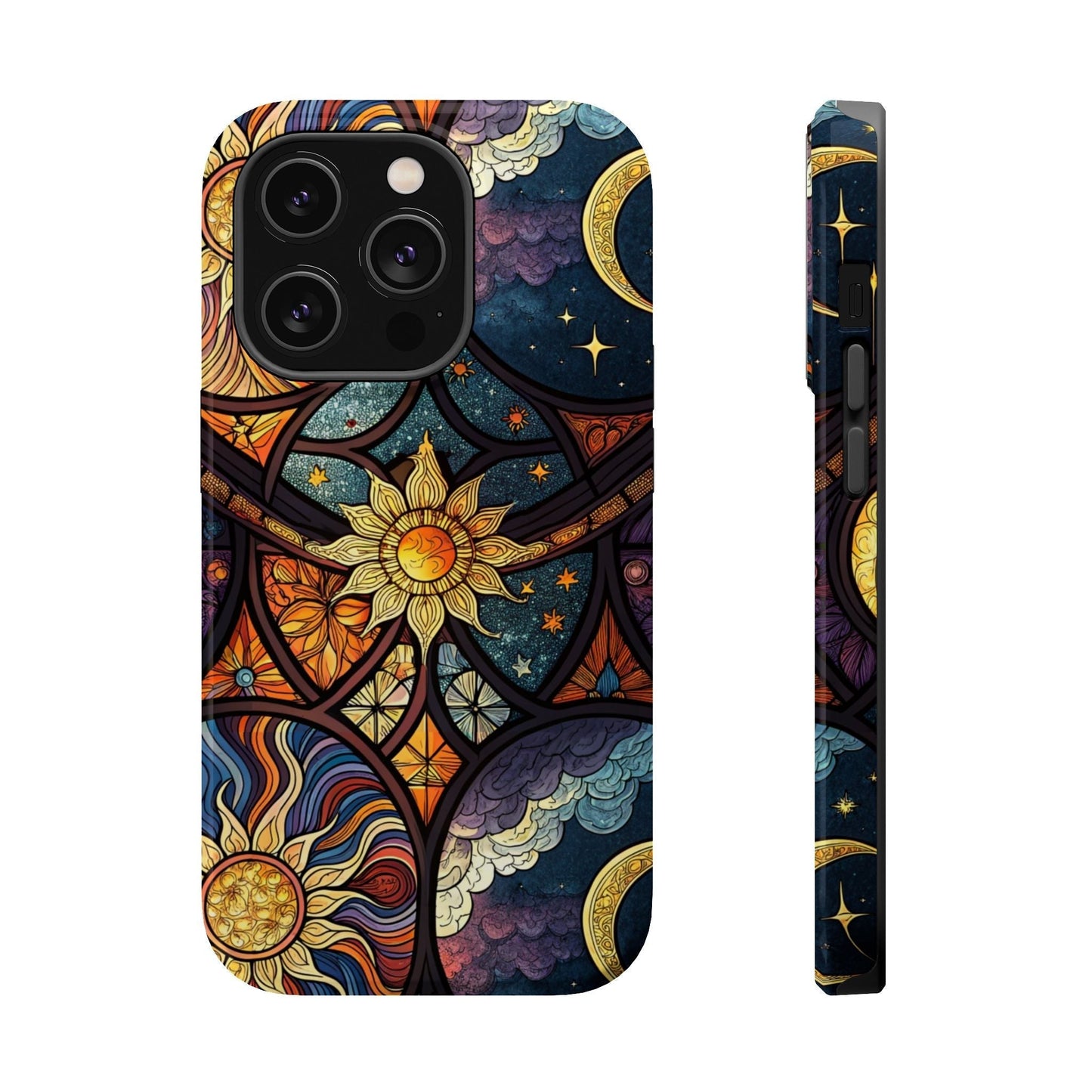 Sun and Moon iPhone case with celestial design, dual-layer protection, MagSafe compatible, available in matte or glossy finish