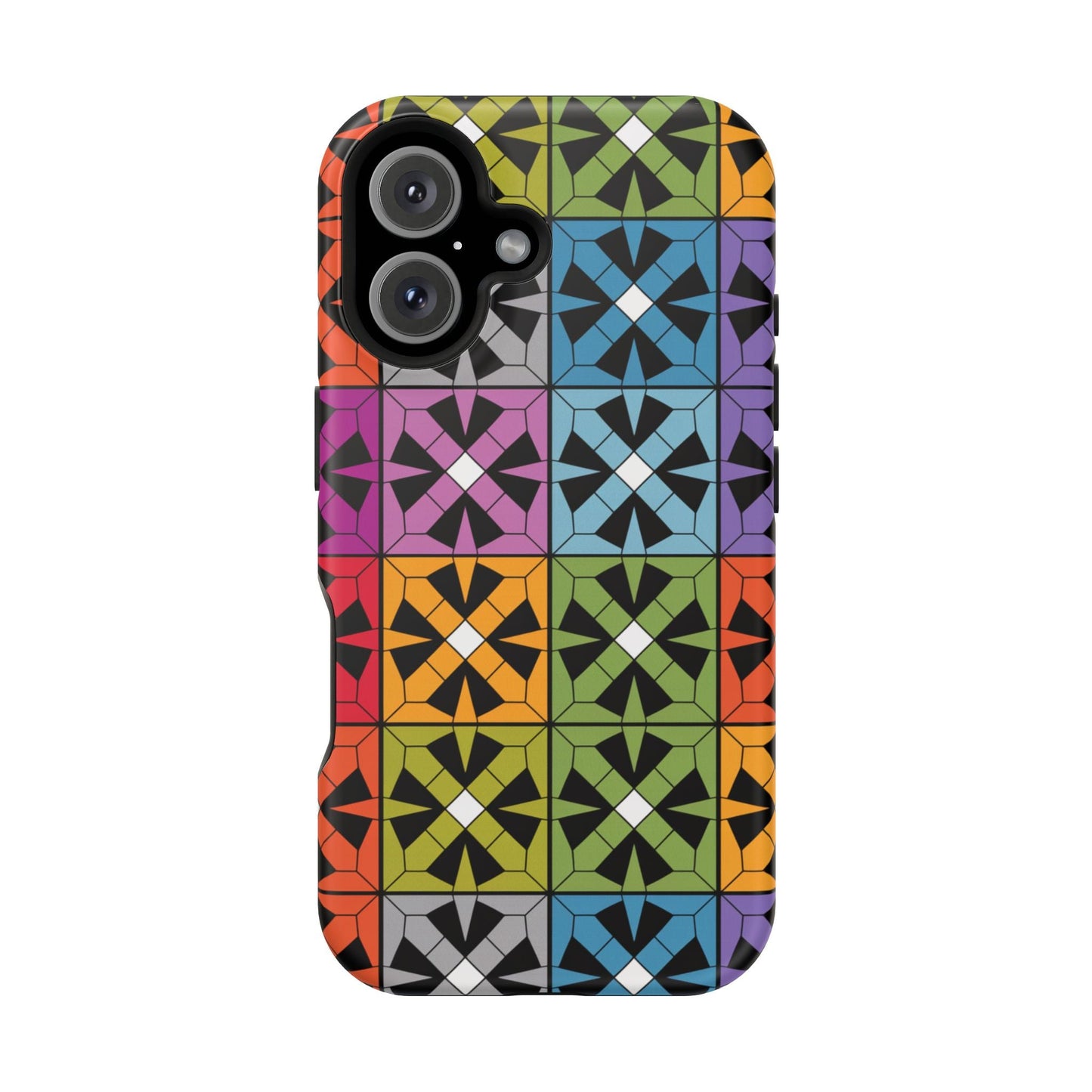 Rainbow Squares iPhone Tough Case with bold colorful geometric pattern and durable dual-layer protection for iPhone 14, 15, and 16 models