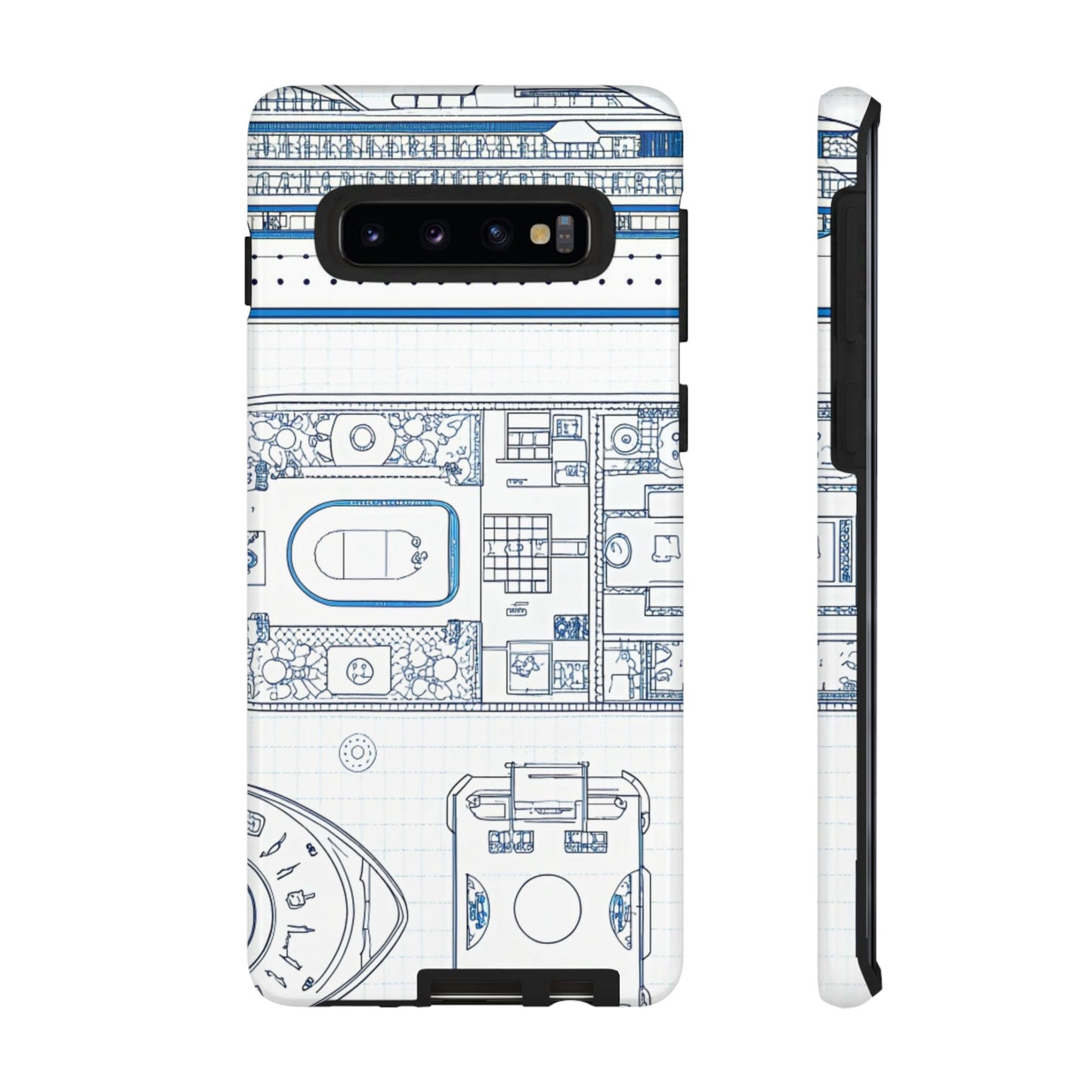 Samsung phone case with detailed cruise ship blueprint design and durable protective features