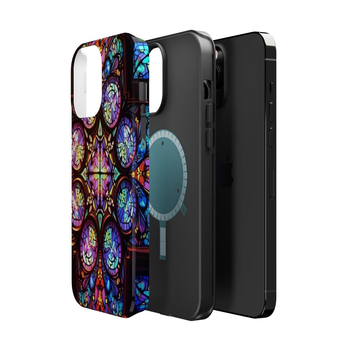 Colorful hypnotic stained glass design iPhone tough case with MagSafe compatibility and dual-layer protection