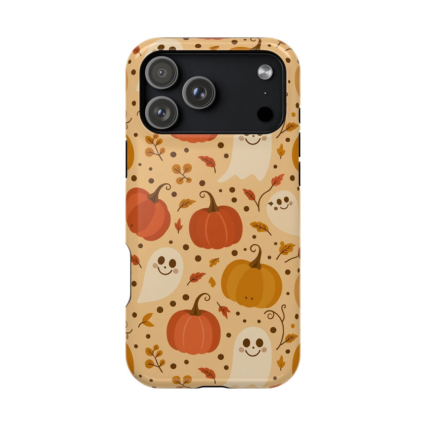 Spooky Pumpkins Halloween iPhone case with ghosts and pumpkins design, durable protective shell, MagSafe compatible