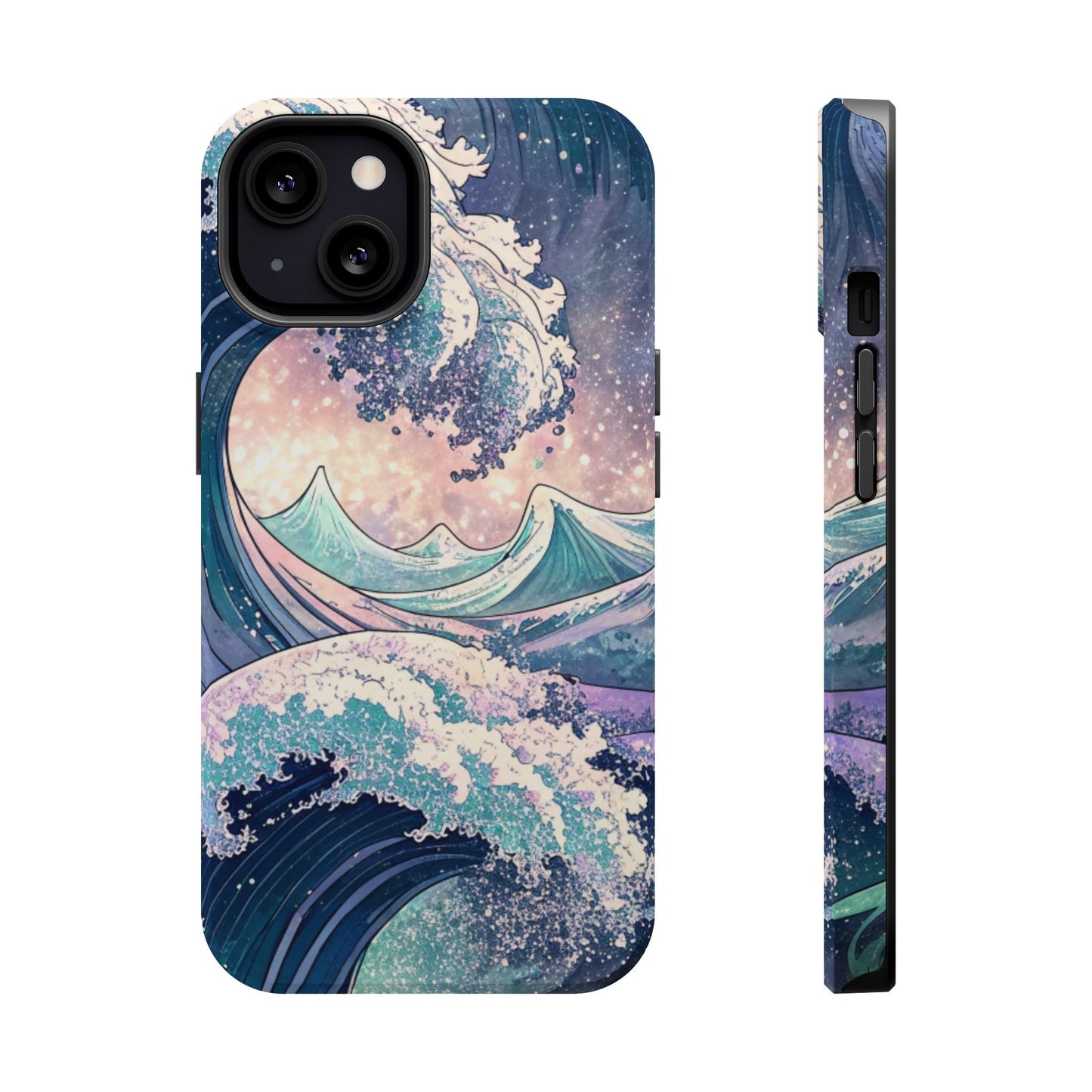 iPhone magnetic tough case with crashing waves design, dual-layer protection, and glossy or matte finish