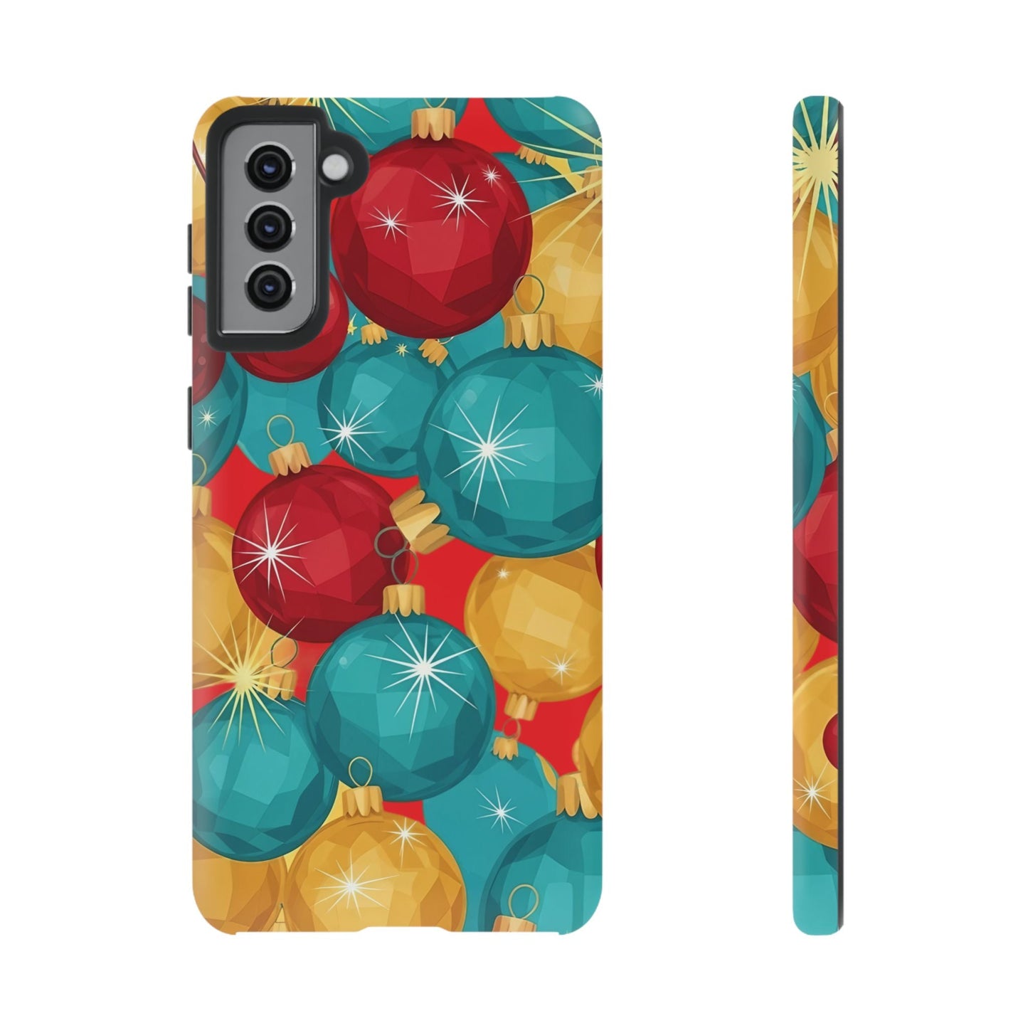 Samsung phone case with colorful red, blue, and gold Christmas bulb design, durable and shock-absorbent Holiday Bulb Samsung Case