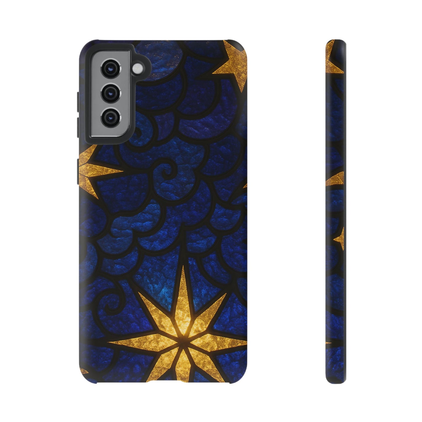 Durable Samsung phone case with golden star design on blue textured background for stylish protection