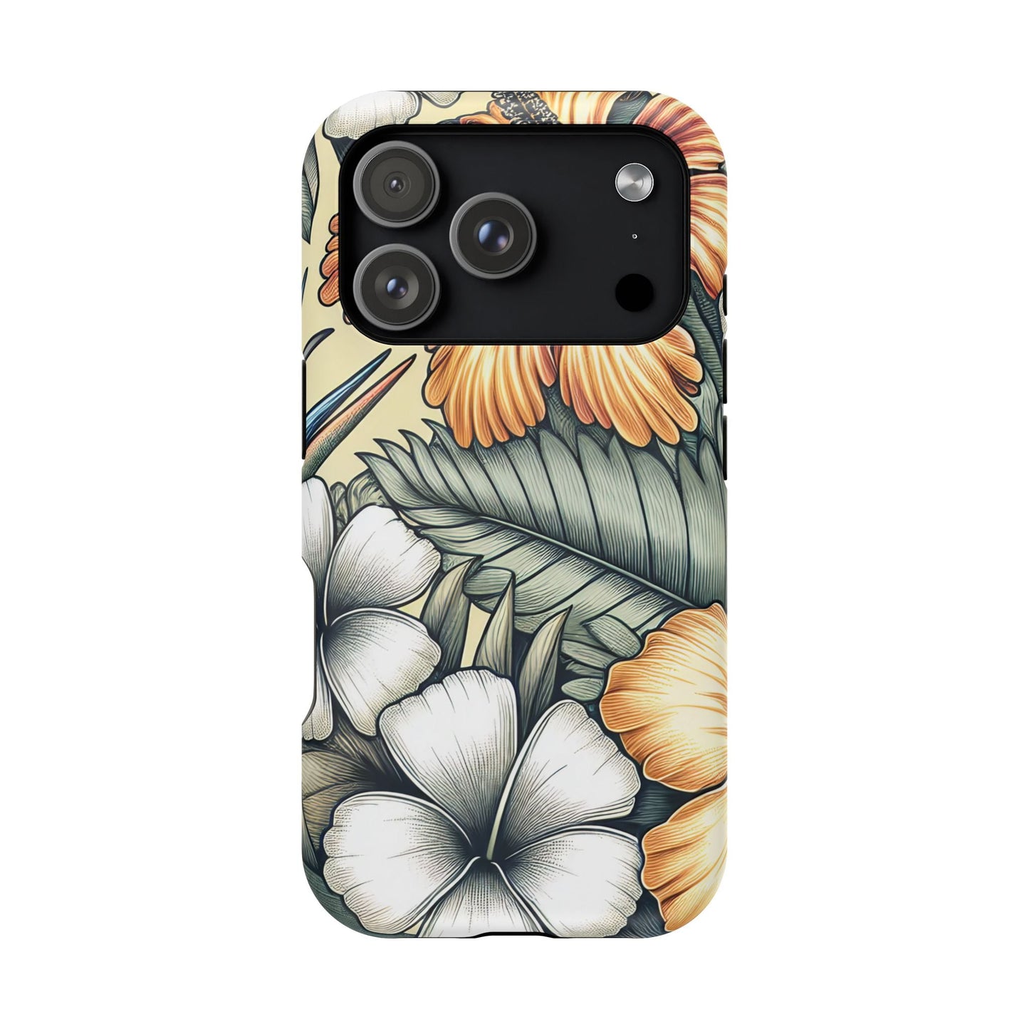Durable iPhone case with golden tropical floral design and MagSafe compatibility