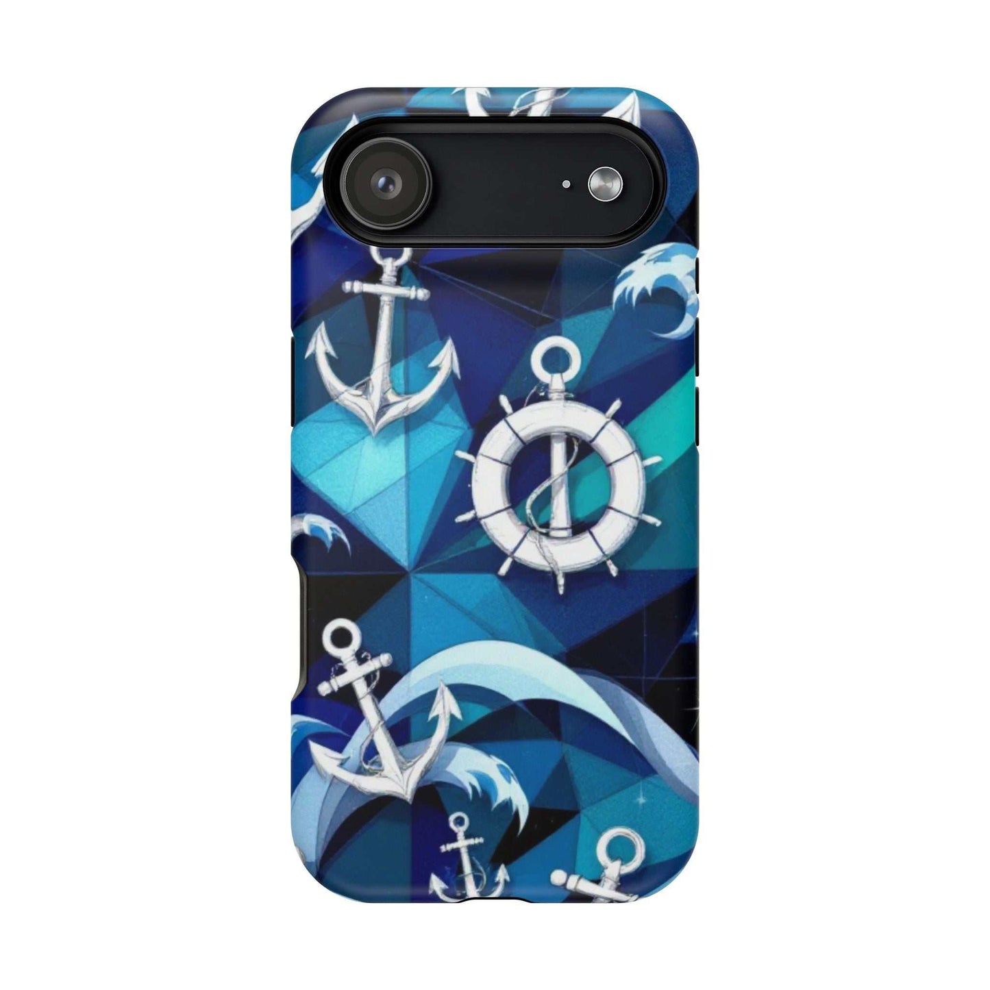 Nautical Anchors iPhone case with blue maritime design and MagSafe compatibility for durable coastal protection