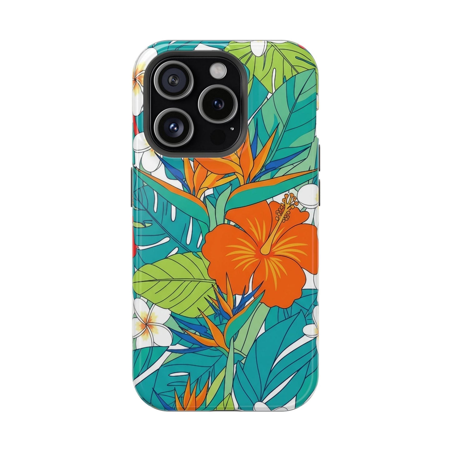 Vibrant floral iPhone case with tropical flower design and durable polycarbonate protection