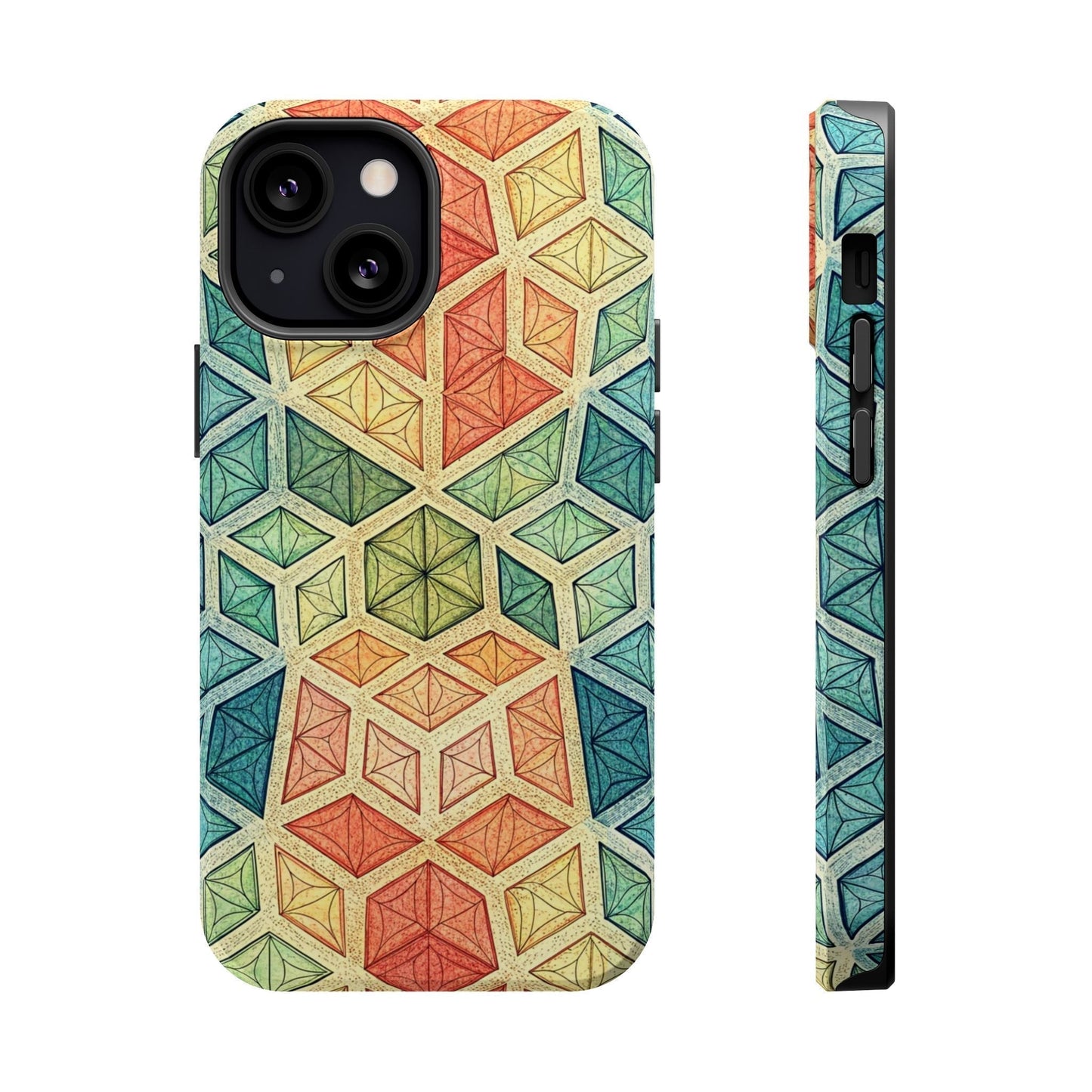 Colorful fractal patterned iPhone magnetic tough case with dual-layer protection and vibrant geometric design