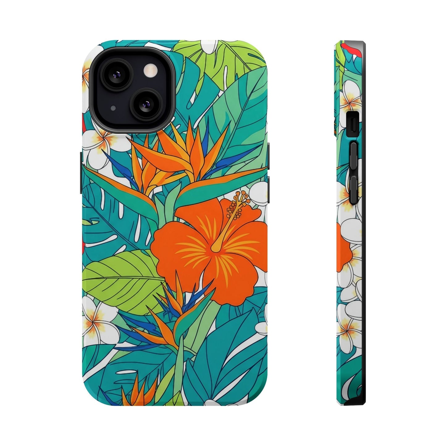 Vibrant floral iPhone case with durable polycarbonate, bright tropical flower design, and MagSafe compatibility.