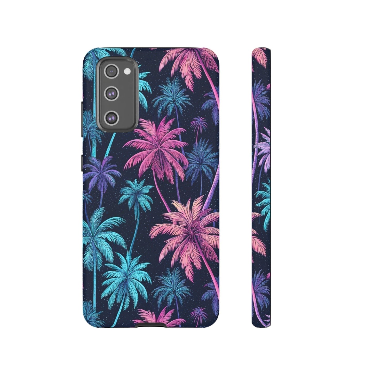Samsung Galaxy phone case with neon pink and blue palm tree design on black background, tropical style protective cover.