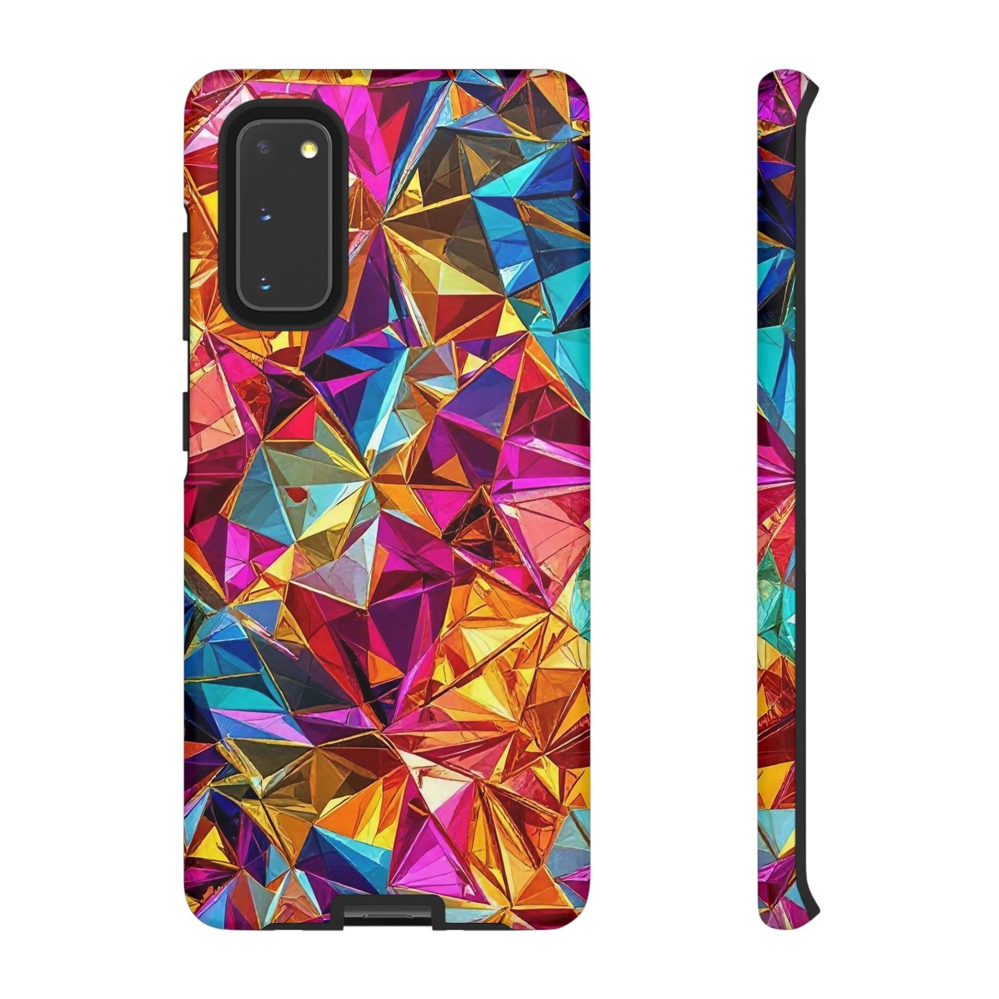 Samsung Galaxy phone case with vibrant rainbow foil geometric design and tough impact-resistant protection