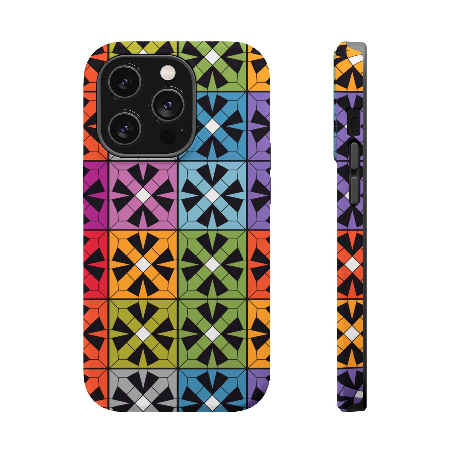 Rainbow Squares iPhone Tough Case with vibrant geometric pattern, durable dual-layer protection, and MagSafe compatibility for iPhone 14, 15, and 16 models.