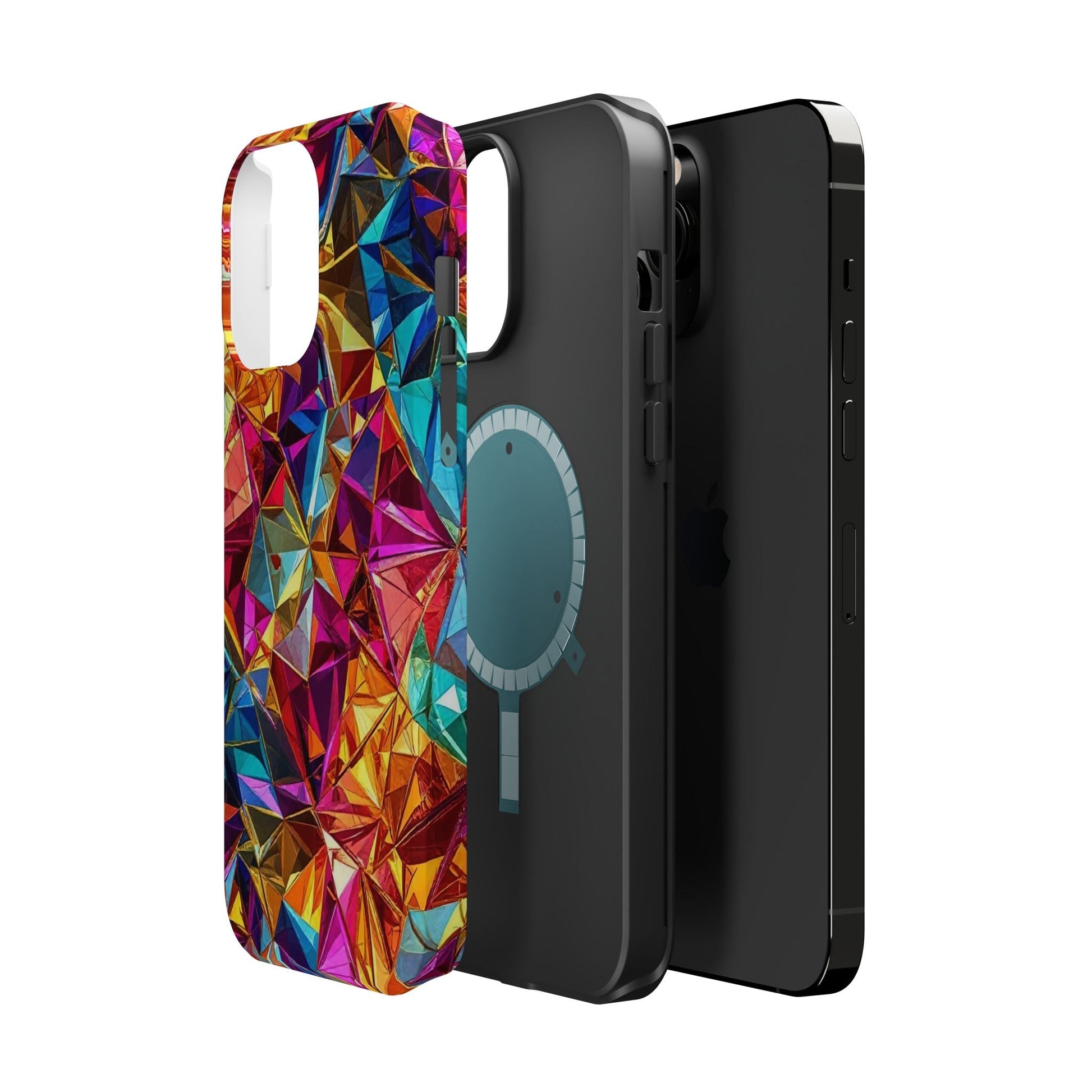 Colorful Rainbow Foil iPhone tough case with dual-layer protection and built-in MagSafe magnet for iPhone models.