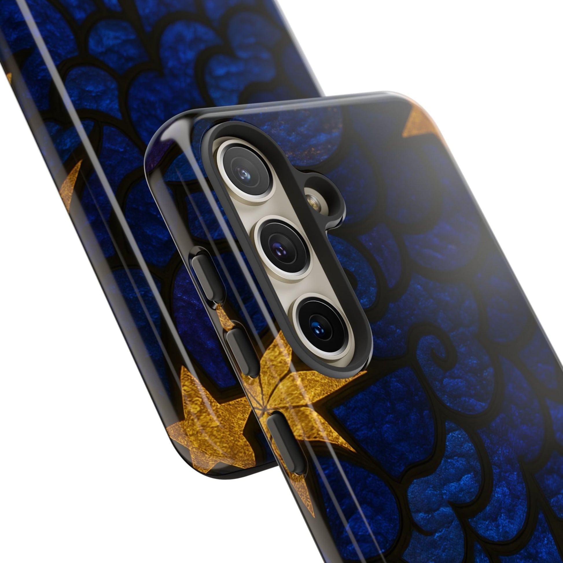 Golden Star Samsung phone case with blue and gold star design, durable protective cover for Samsung Galaxy phones